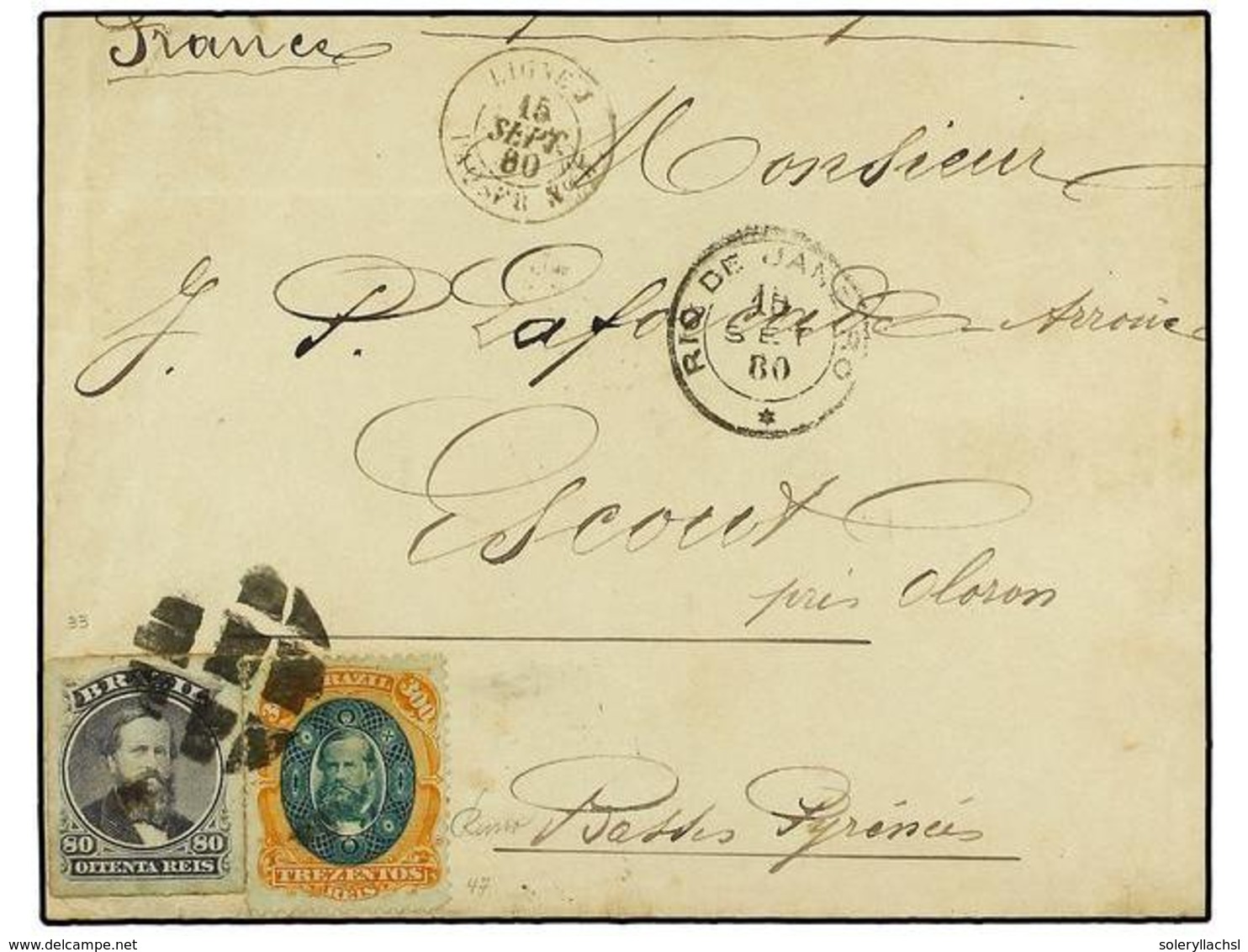 529 BRASIL. Sc.64, 78. 1880. RÍO DE JANEIRO A FRANCIA. <B>80 Reis</B> Violeta Y <B>300 Reis</B> Naranja Y Verde. Mat. <B - Sonstige & Ohne Zuordnung