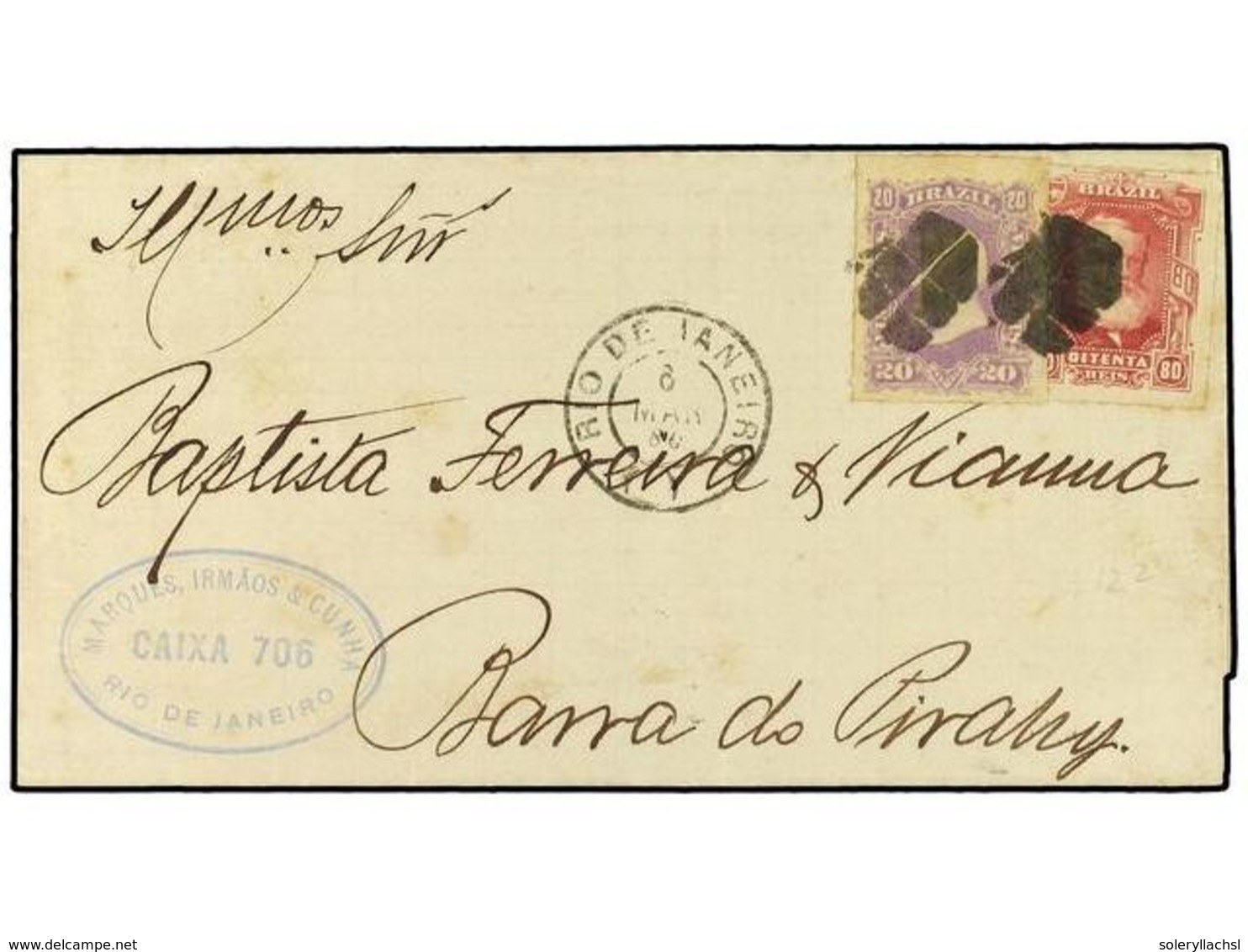 530 BRASIL. 1880. Envelope To Barra Do Pirany Bearing Dom Pedro <B>20 Reis</B> Mauve (SG 58) And <B>80 Reis</B> Rose-lak - Other & Unclassified