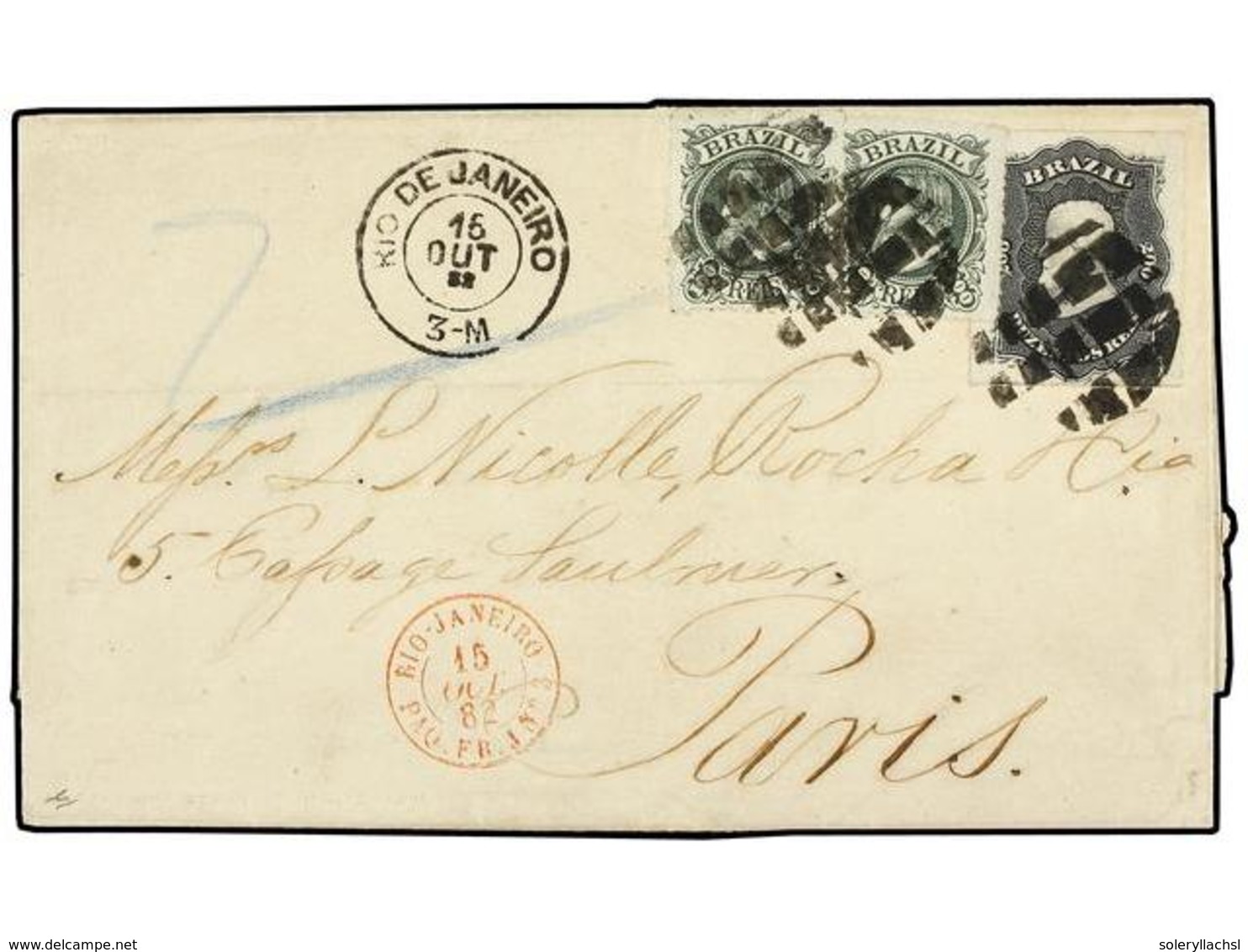 535 BRASIL. Sc.66, 80 (2). 1882. RÍO DE JANEIRO A PARÍS. <B>200 Reis</B> Negro Y <B>100 Reis</B> Verde (2). Mat. <B>MUDO - Other & Unclassified