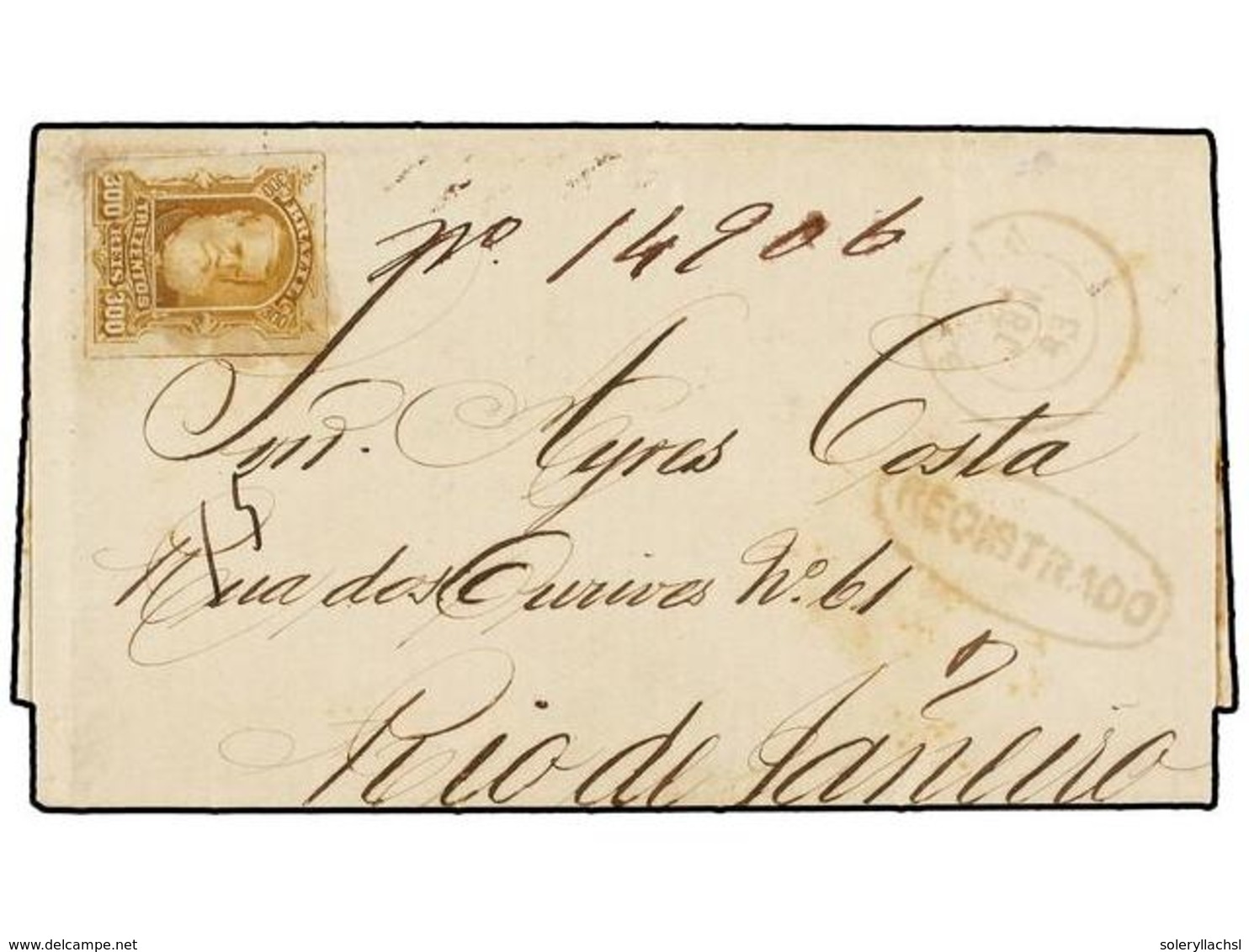 538 BRASIL. Sc.75. 1883. BAHÍA A RÍO DE JANEIRO.<B> 300 Reis</B> Bistre. Mat. <B>MUDO CIRCULAR</B> Y Marca <B>REGISTRADO - Other & Unclassified