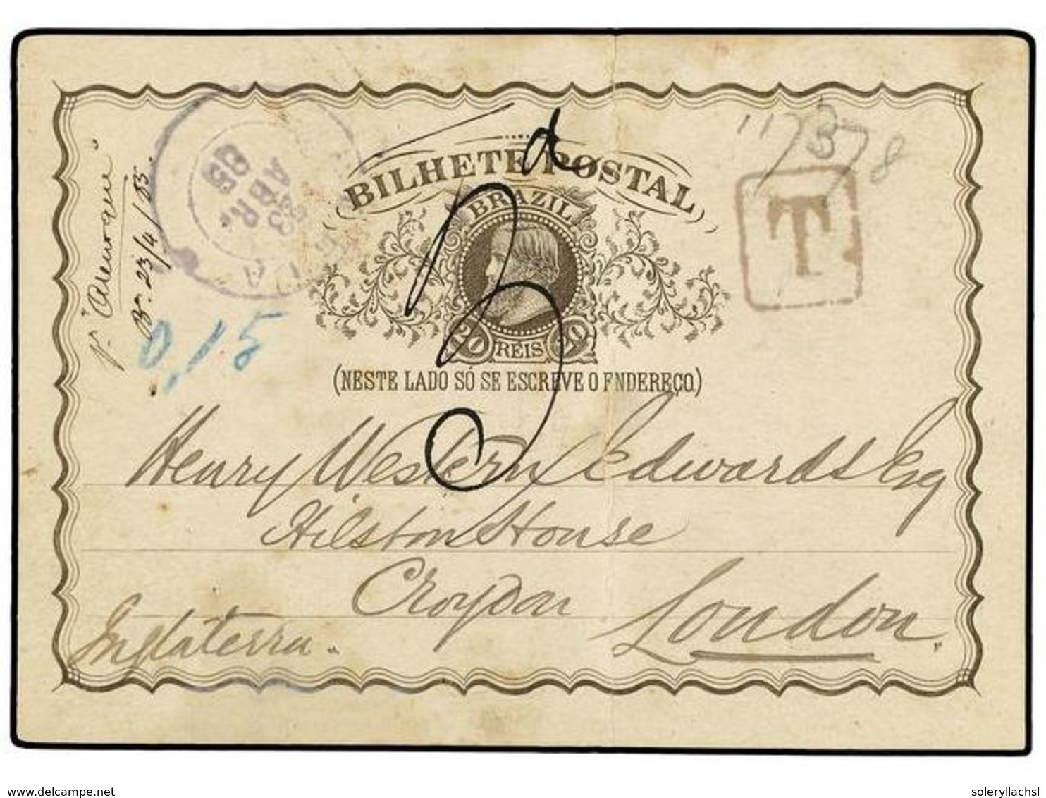 542 BRASIL. 1885 (April 23). <B>20r</B>. Brown Postal Stationery Card Used From Bahia To London, Not Up-rated And Thus T - Other & Unclassified