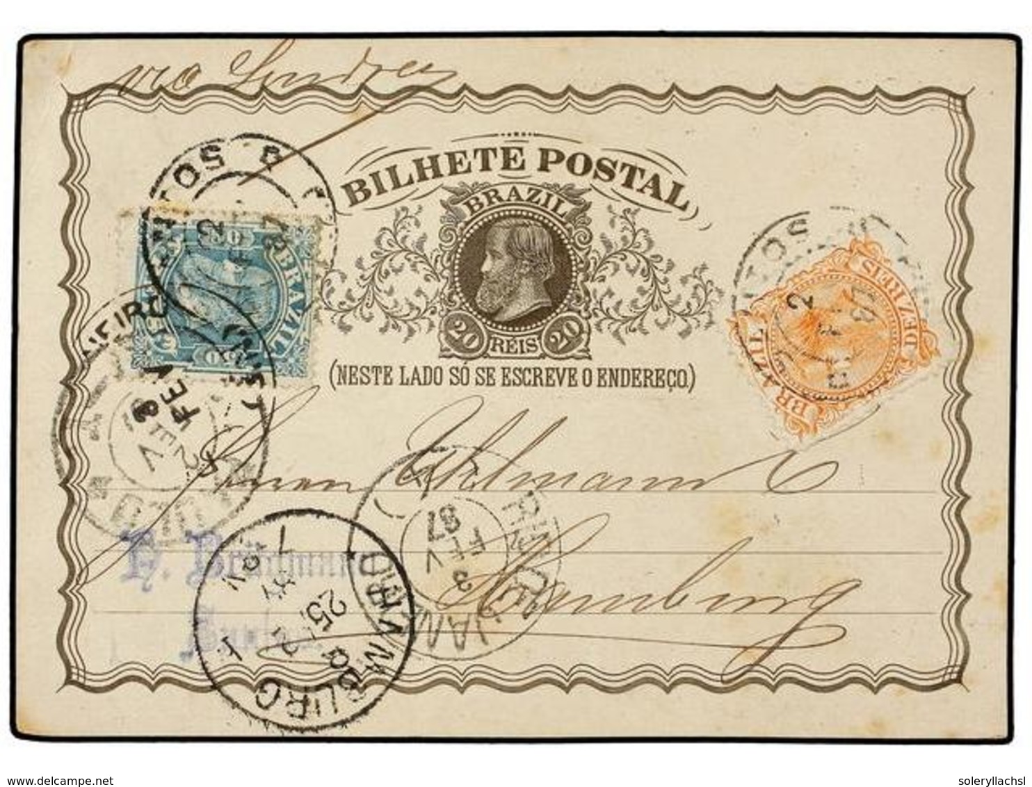 547 BRASIL. 1887. SANTOS A ALEMANIA. Entero Postal De <B>20 Reis</B> Con Franqueo Adicional De <B>10 Reis</B> Naranja Y  - Other & Unclassified