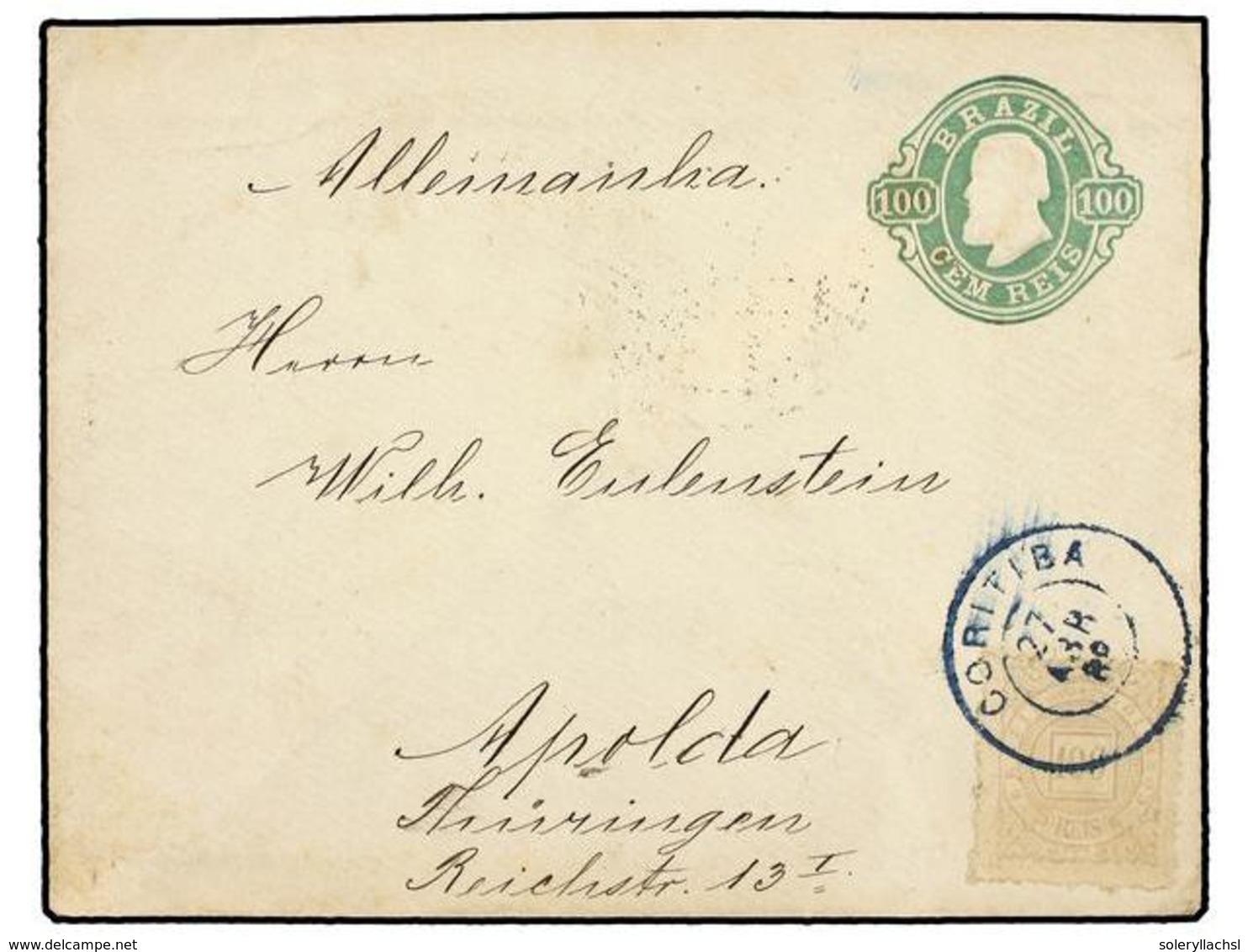 551 BRASIL. 1889. CORITIBA A ALEMANIA. Entero Postal De <B>100 Reis</B> Verde Con Franqueo Adicional De <B>100 Reis</B>  - Other & Unclassified