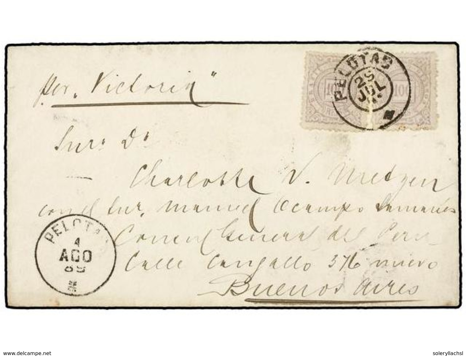 554 BRASIL. Sc.96 (2). 1889. PELOTAS A BUENOS AIRES. <B>100 Reis</B> Lila (2). MUY BONITA. - Other & Unclassified