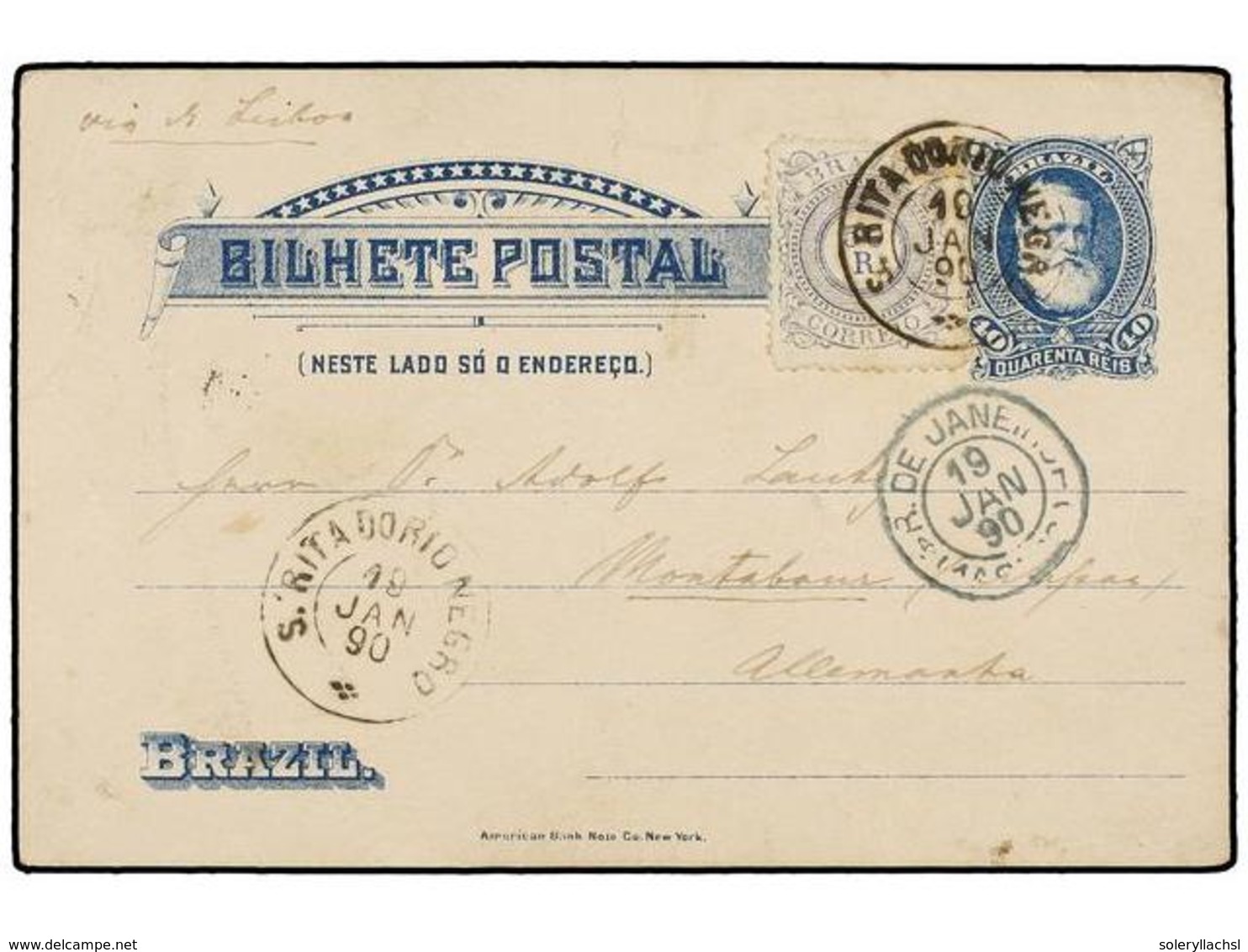 557 BRASIL. Sc.93. 1890. S. RITA DO RIO NEGRO To GERMANY. <B>40 Reis</B> Blue Postal Stationary Card Uprated With <B>50  - Other & Unclassified