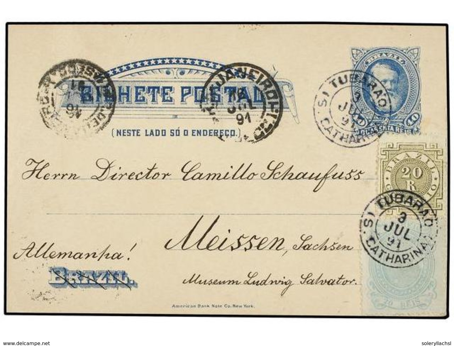 559 BRASIL. Sc.87, 99. 1891. TUBARAO A ALEMANIA. Entero Postal De <B>40 Cts. </B>azul Con Franqueo Adicional De <B>20 Re - Other & Unclassified