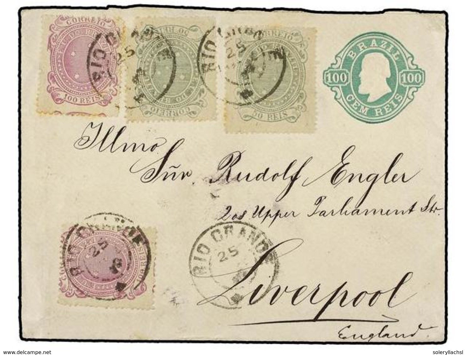 560 BRASIL. Sc.100 (2), 101 (2). 1891. RÍO GRANDE A LIVERPOOL. Entero Postal De <B>100 Reis</B> Verde Con Franqueo Adici - Other & Unclassified