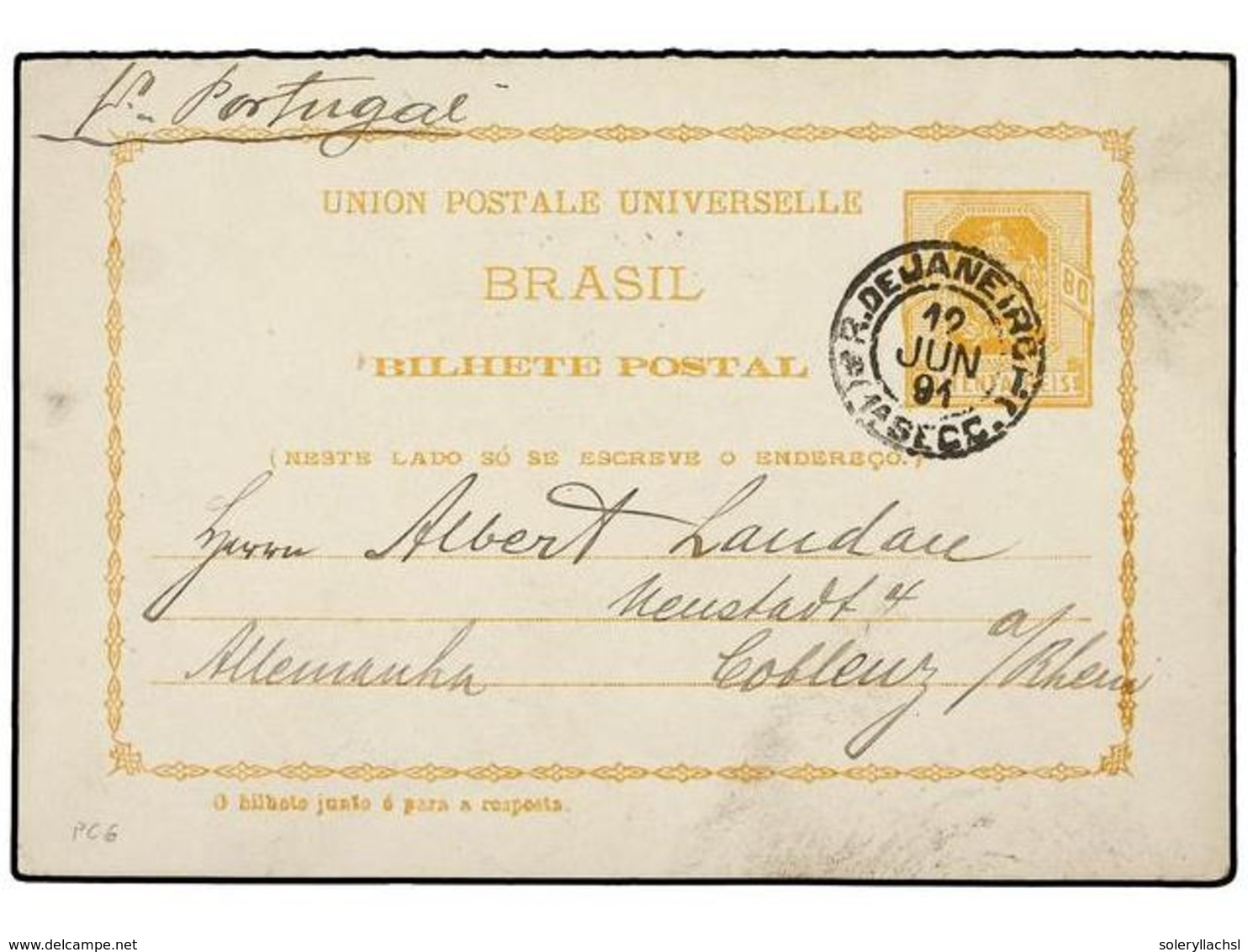 561 BRASIL. 1891. RIO DE JANEIRO A ALEMANIA. <B>80 Reis</B> +<B> 80 Reis</B> Amarillo, Entero Postal Doble Circulado Sol - Other & Unclassified