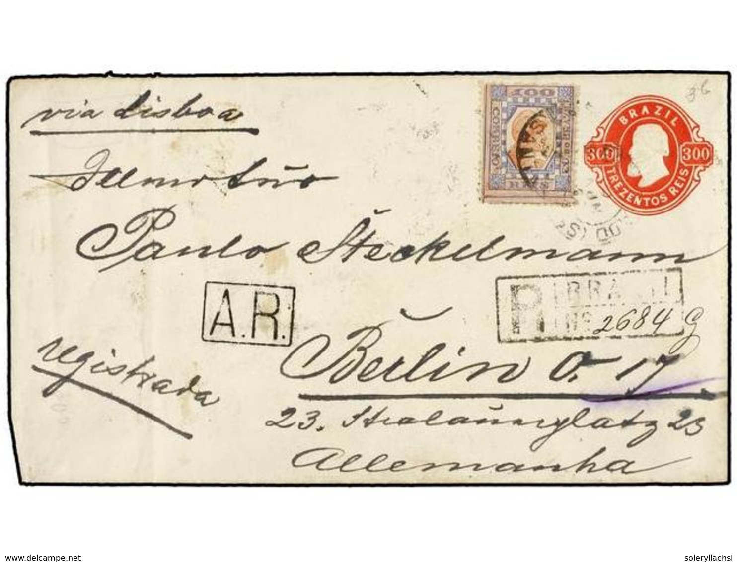 564 BRASIL. Sc.109. 1892. SANTOS A ALEMANIA. Entero Postal De<B> 300 Reis</B> Rojo Con Franqueo Adicional De <B>100 Reis - Other & Unclassified