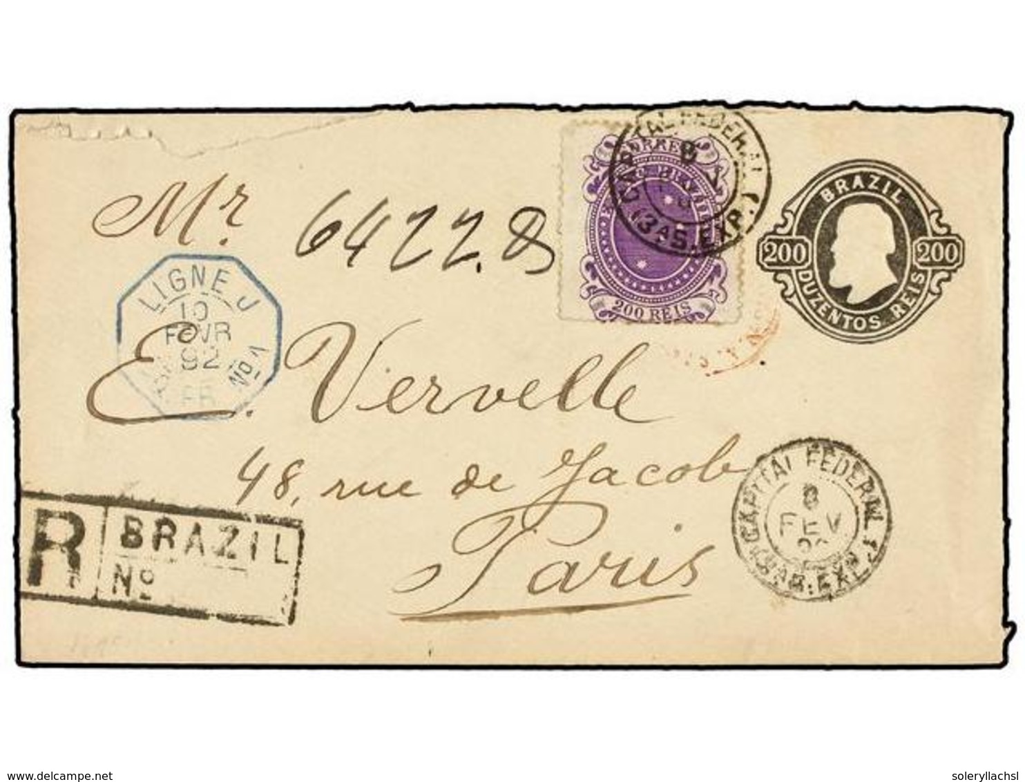 569 BRASIL. Sc.103. 1892. RIO DE JANIERO A PARIS. Entero Postal De <B>200 Reis</B> Negro Con Franqueo Adicional De <B>20 - Other & Unclassified