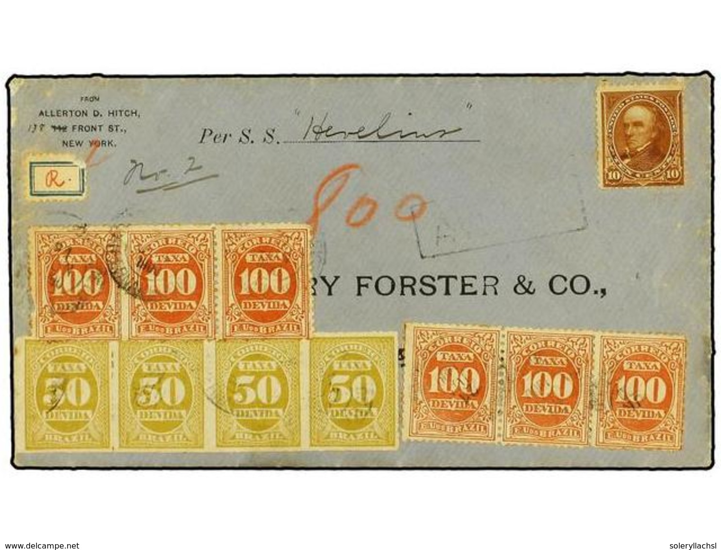 574 BRASIL. 1894/95. Bureau Issue <B>10c.</B> Brown Used On Linen Backed Cover To BRAZIL, Taxed On Arrival With Mixed Is - Other & Unclassified