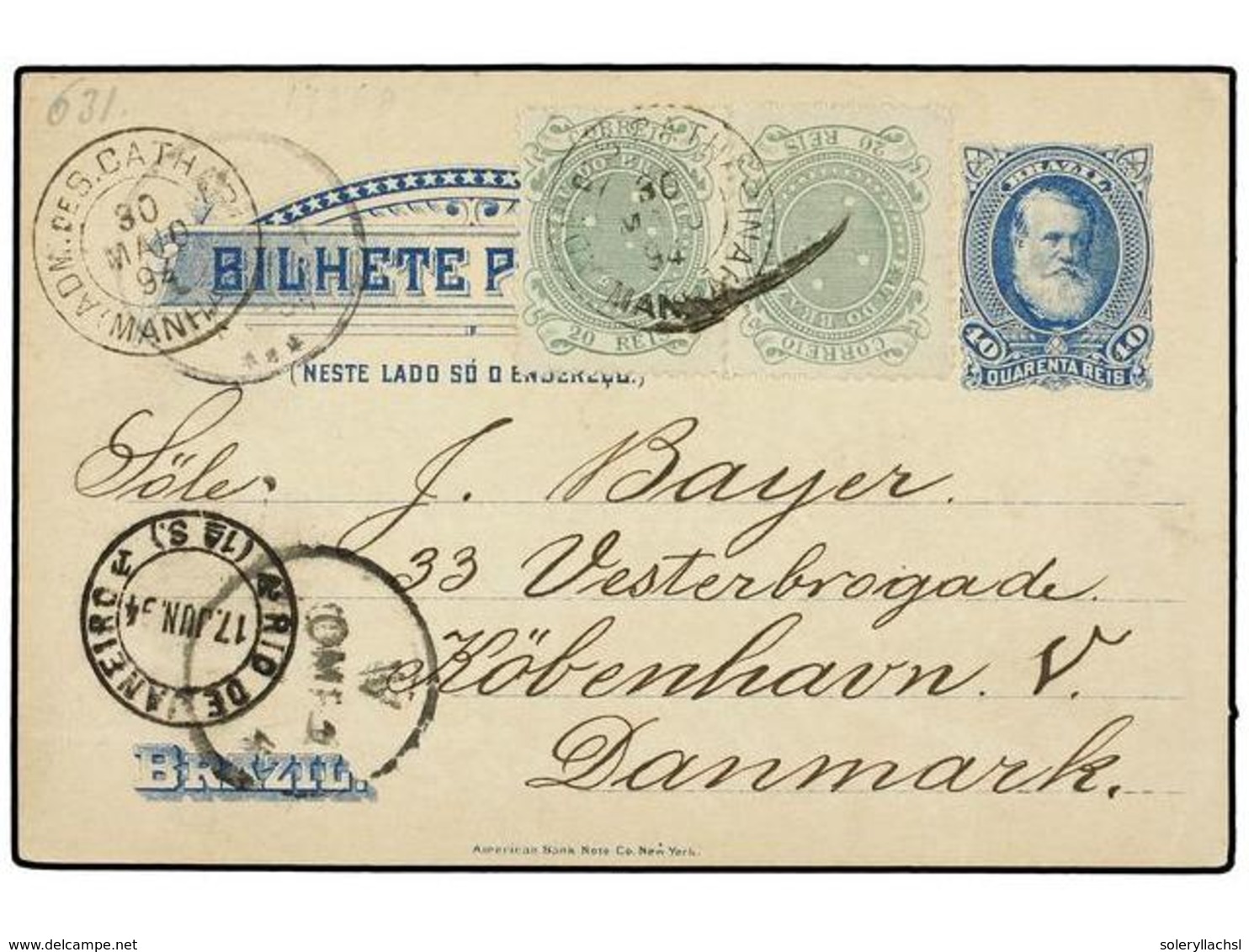 577 BRASIL. Sc.99 (2). 1894. STA. CATHARINA A DINAMARCA. Entero Postal De <B>40 Reis</B> Con Franqueo Adicional De <B>20 - Other & Unclassified