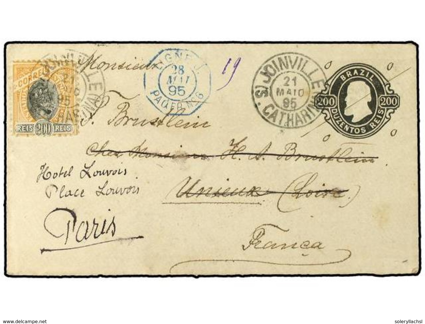 578 BRASIL. 1895. JOINILLE A FRANCIA. Entero Postal De <B>200 Reis</B> Ya Desmonetizado (anulado Y Con '0' ) Con Franque - Other & Unclassified