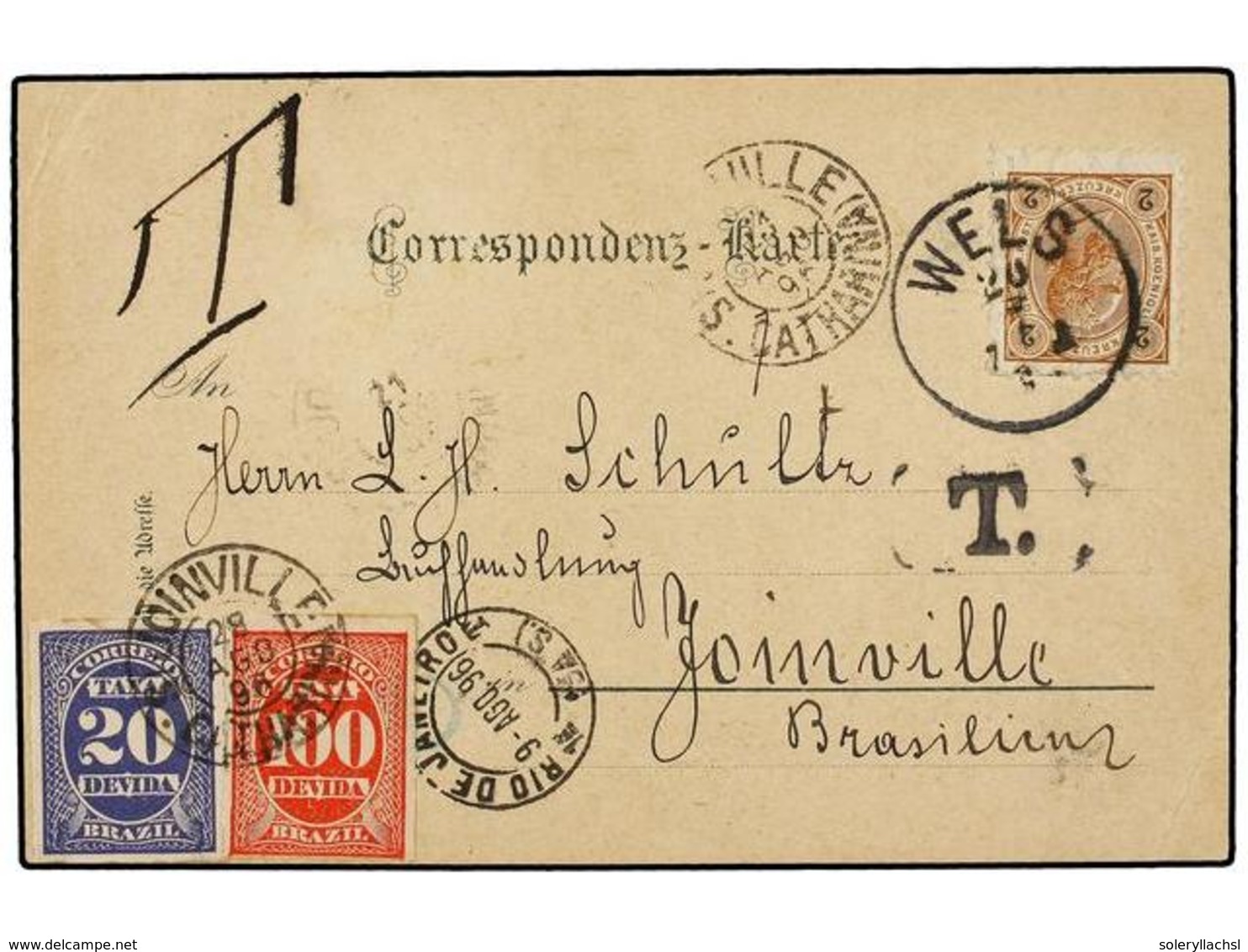 580 BRASIL. 1896. WELS (Austria) A JOINVILLE (Brasil).<B>2 Kr. </B>castaño, Tasada Con Sellos De <B>20 Cts.</B> Azul Y < - Other & Unclassified