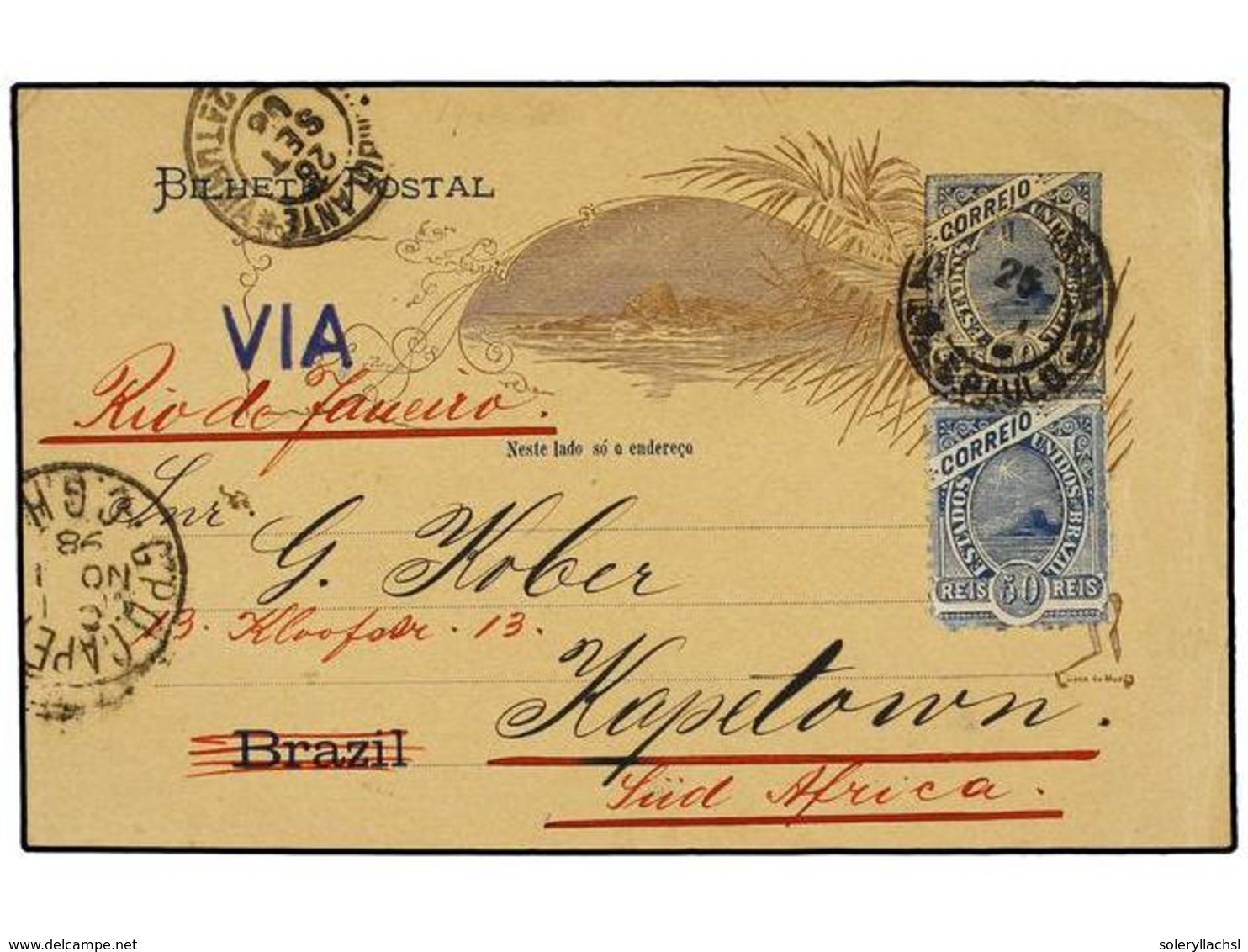 583 BRASIL. Sc.115. 1898. SAO PAULO A CAPETOWN (África Del Sur). Entero Postal De <B>50 Reis</B> Azul Con Franqueo Adici - Other & Unclassified