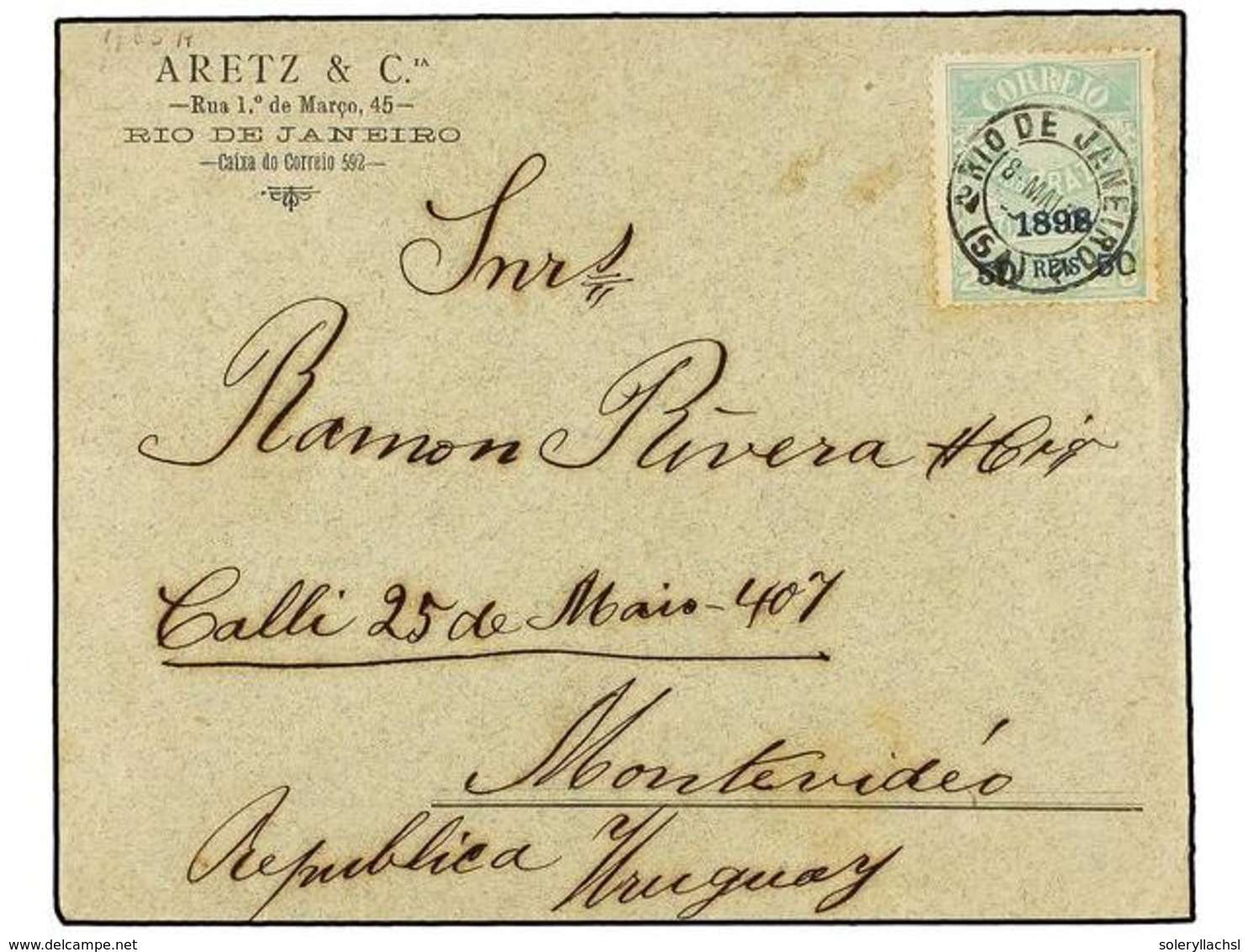 585 BRASIL. Sc.138. 1898. RÍO DE JANEIRO A MONTEVIDEO. <B>50 Reis S. 20 Reis</B> Verde. RARO Sello En Carta. - Other & Unclassified