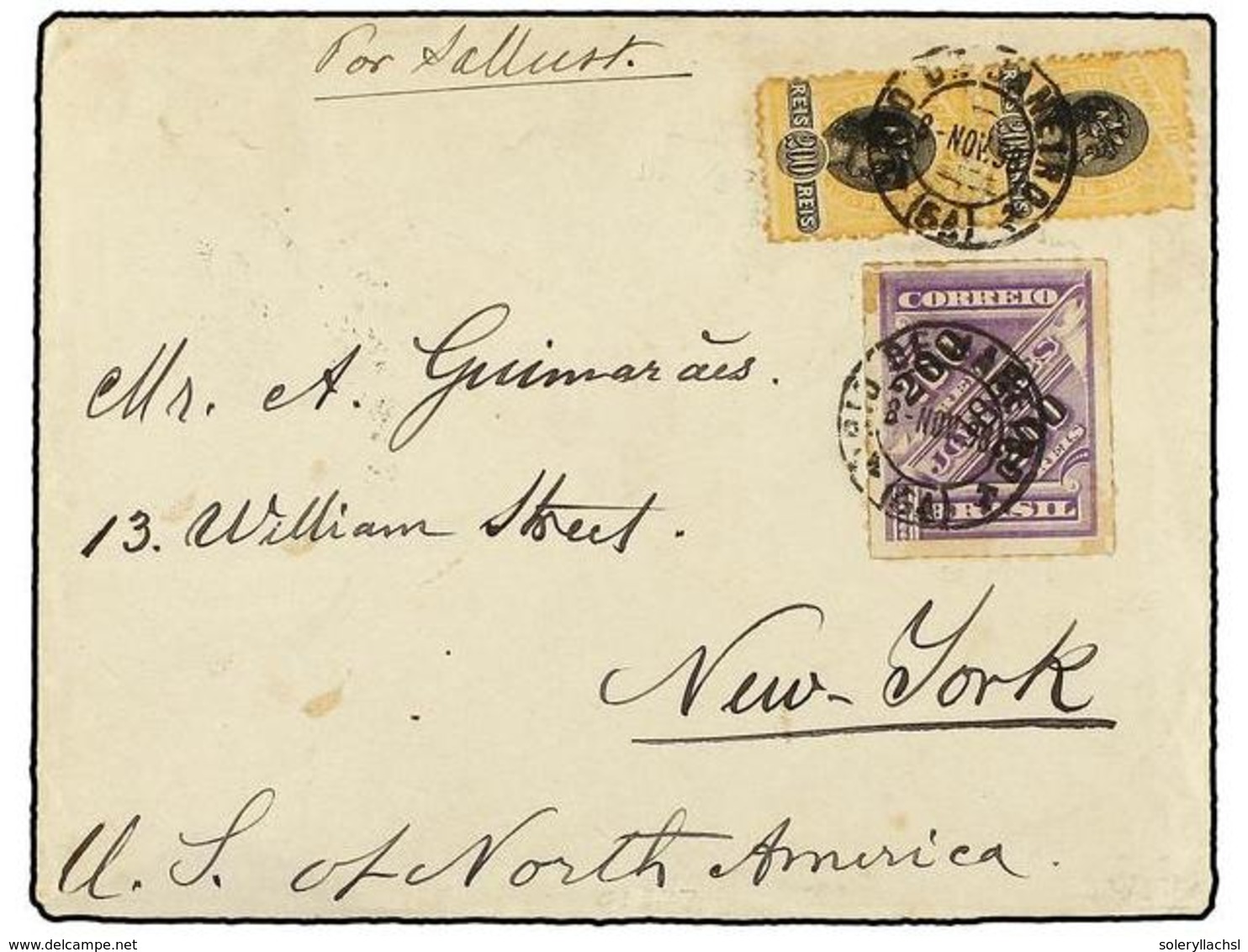 586 BRASIL. Sc.132, 149 (2). 1898. RÍO DE JANEIRO A NEW YORK. <B>200 Reis</B> Amarillo Y Negro (Dent. 11 1/2) Y Sello De - Other & Unclassified