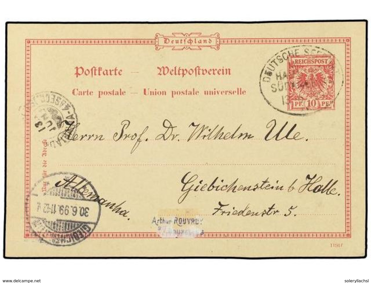 588 BRASIL. 1899. <B>10pf.</B> Red Postal Stationery Card Used To HALLE Mailed From RIO DE JANEIRO (Brazil) Cancelled By - Sonstige & Ohne Zuordnung