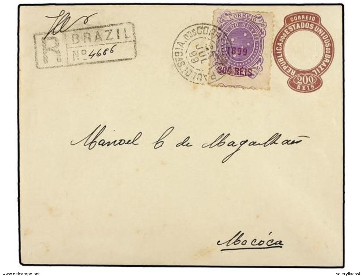 589 BRASIL. Sc.153. 1899. S. PAULO A MOCOCÁ. Entero Postal De <B>200 Reis</B> Lila Con Franqueo Adicional Con Sello Prov - Other & Unclassified