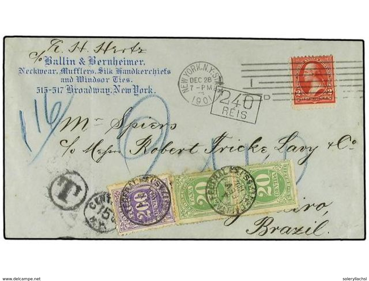 593 BRASIL. 1901. Incoming Mail From The United States To Brazil Bearing <B>2 C.</B> Red (Scott 267) Tied By <B>NEW YORK - Other & Unclassified