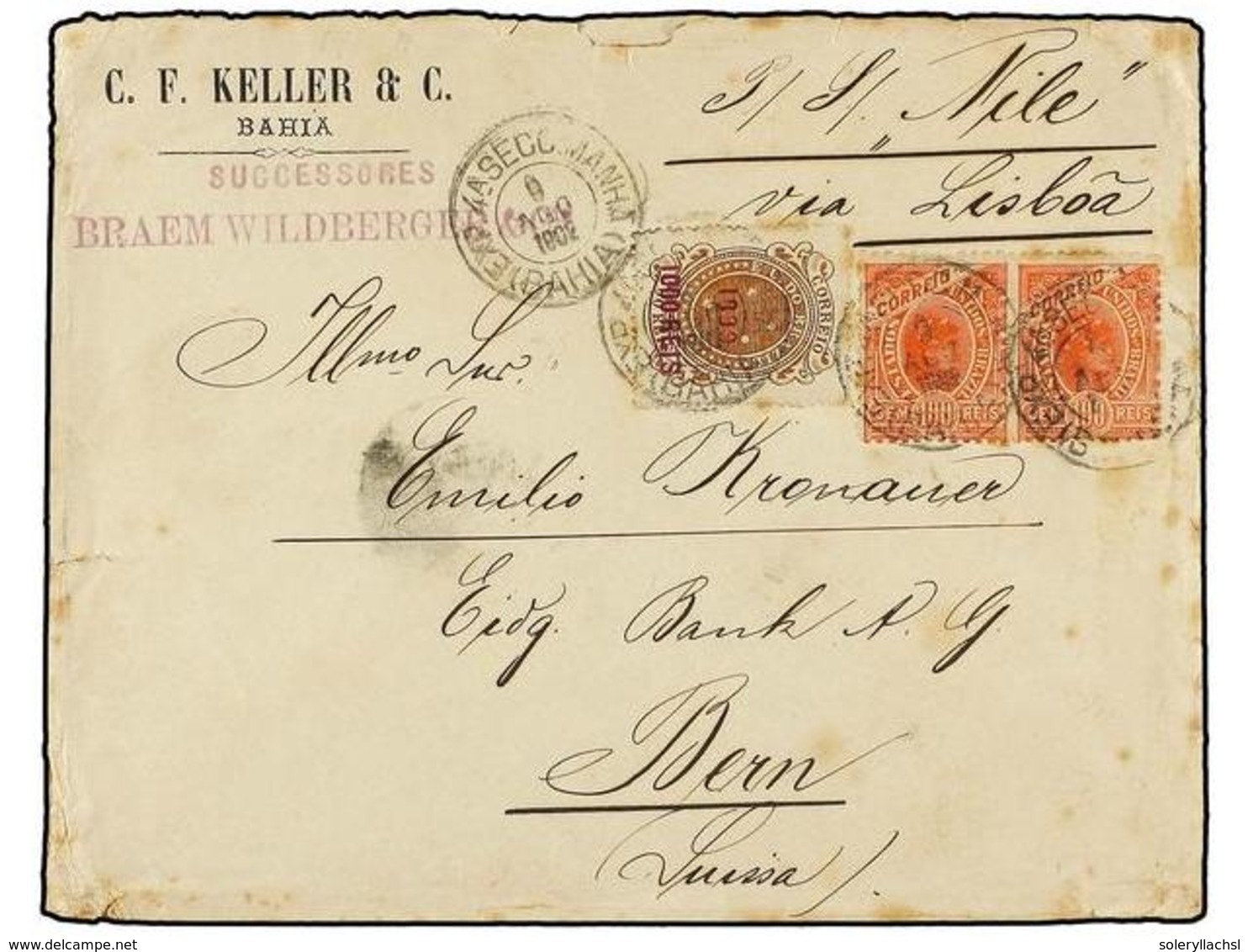 594 BRASIL. Sc.156, 169. 1902. BAHÍA A SUIZA. <B>100 Reis</B> Rojo (2) Y <B>1.000 Reis S. 700 Reis</B> Castaño, Algunas  - Other & Unclassified