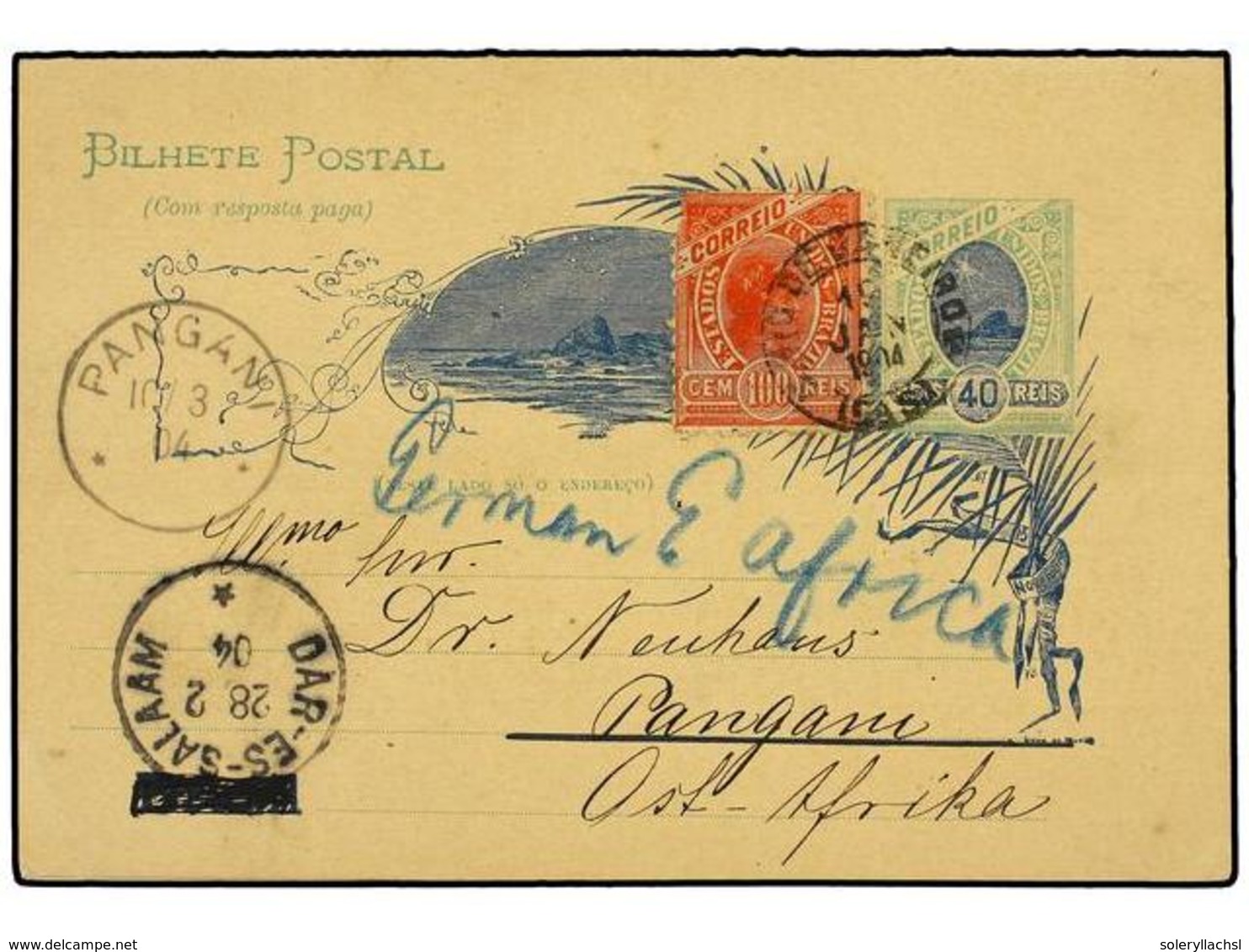 595 BRASIL. 1904. RIO DE JANEIRO A PANGANI (África Alemana). Entero Postal Doble <B>40 + 40 Reis</B> Con Franqueo Adicio - Other & Unclassified