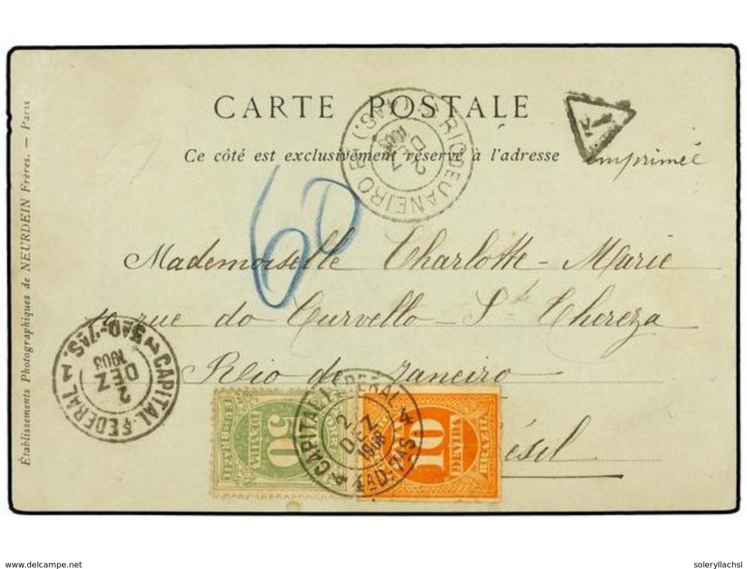 597 BRASIL. 1908. FRANCIA A RIO DE JANEIRO. Tarjeta Postal, Tasada A La Llegada Con Sellos De Brasil De <B>10 Cts. </B>n - Sonstige & Ohne Zuordnung