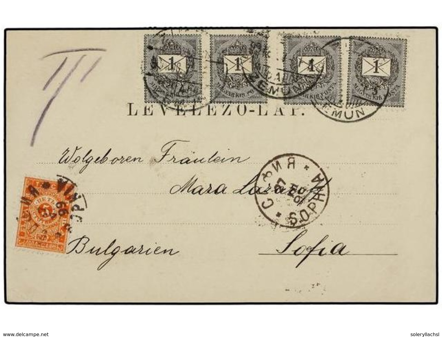 634 BULGARIA. 1899. ZEMUN (Hungría) A SOFÍA. Tarjeta Postal Con Franqueo De <B>1 Fi.</B> Negro (4) Tasado A Llegada Con  - Other & Unclassified