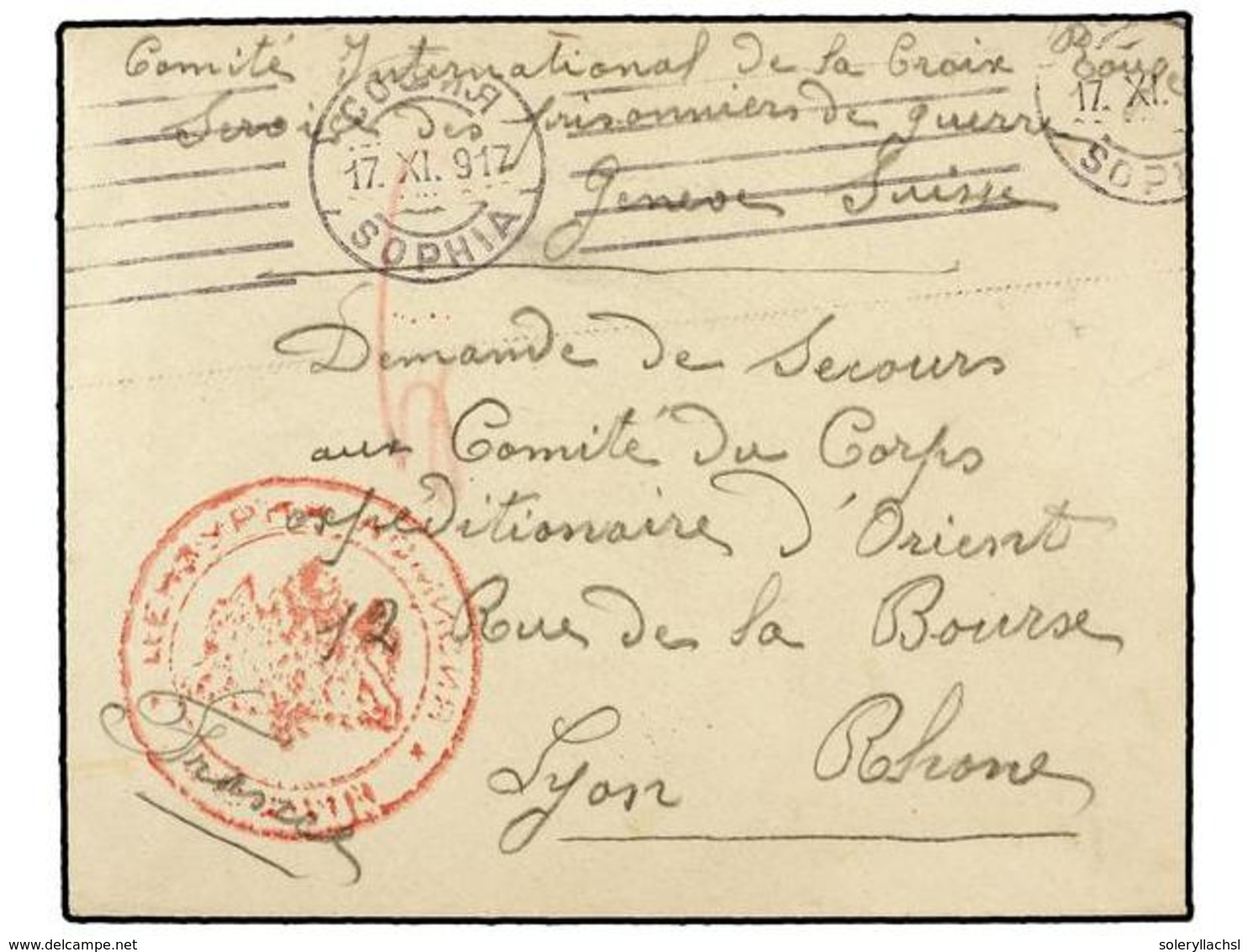 648 BULGARIA. 1917 (Nov. 17th). Letter From A French Prisoner Of War To LYON In France. Circular Red Censor Mark Of <B>S - Autres & Non Classés
