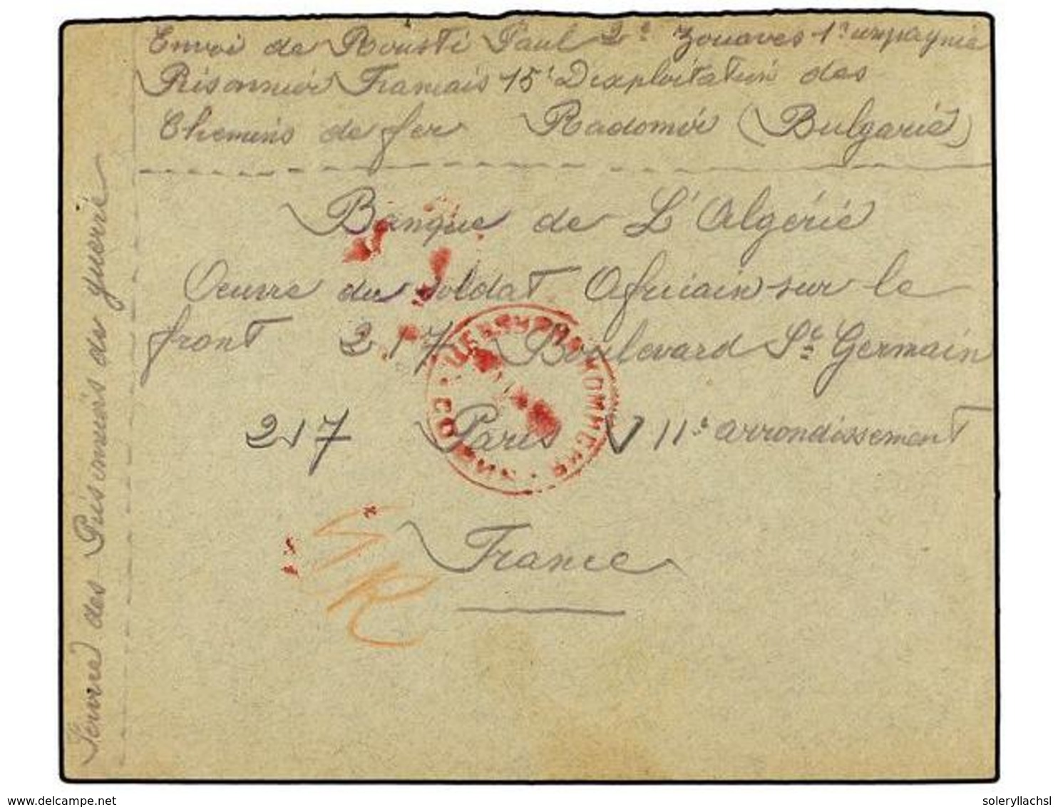 649 BULGARIA. 1918 (Sept. 12th). Letter From RADOMIR CAMP To The Bank Of ALGERIA. Sent Via The French Section In Paris D - Other & Unclassified