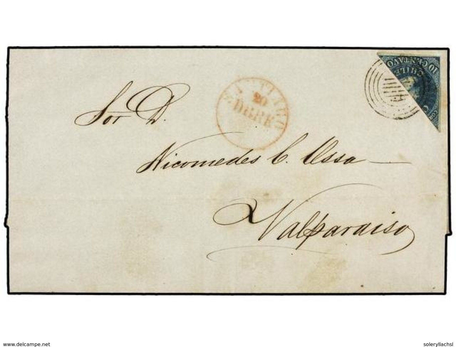 652 COLOMBIA. Sc.5d. 1855. SANTIAGO A VALPARAISO. <B>10 Ctvos.</B> Azul, Impresión Desmadryl, Bisectado Para Ser Usado C - Sonstige & Ohne Zuordnung