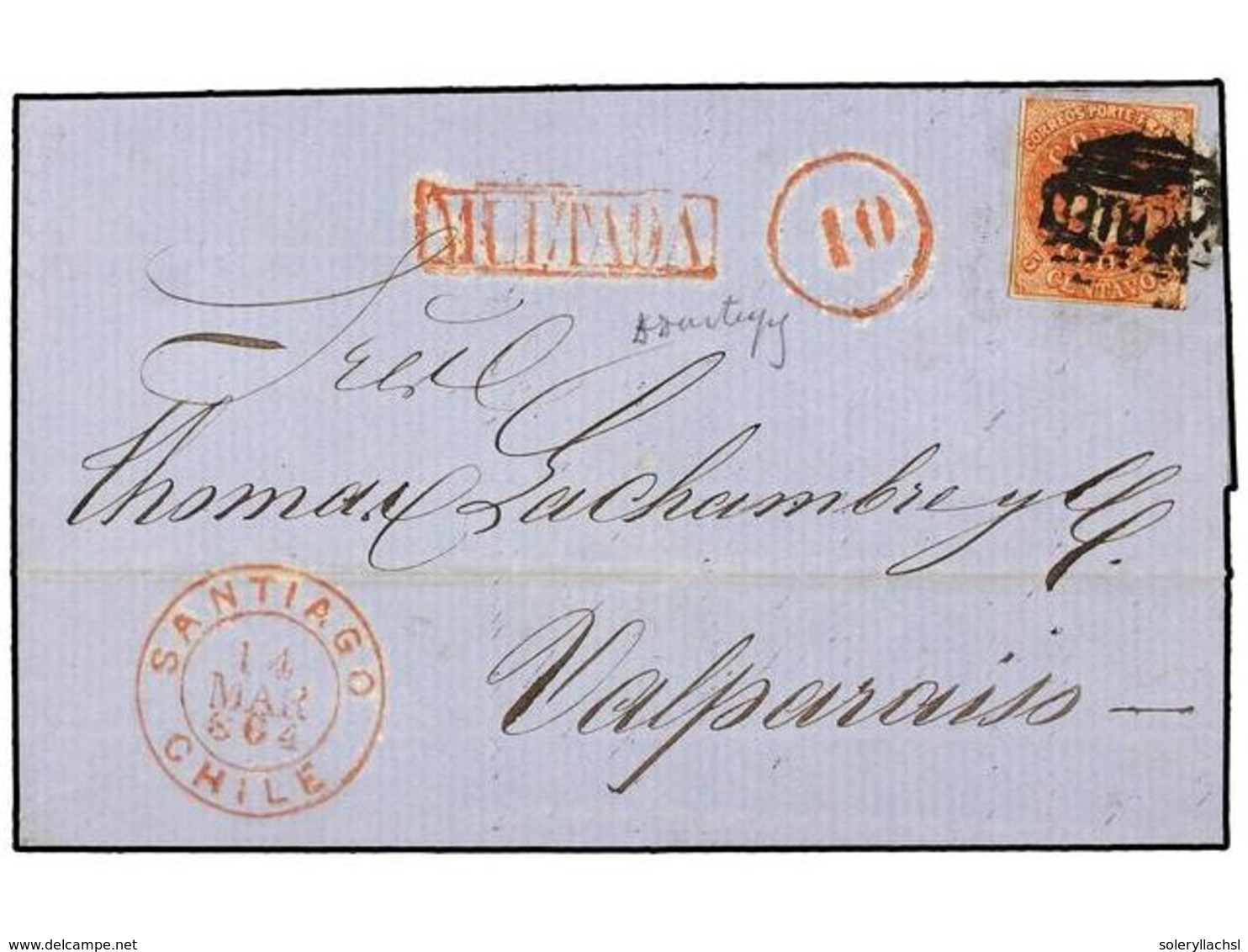 655 CHILE. Sc.14. 1864. SANTIAGO A VALPARAISO. <B>5 Cts.</B> Rojo, Mat. <B>CANCELLED</B>, Marca Lineal<B> MULTADA</B> Y< - Sonstige & Ohne Zuordnung