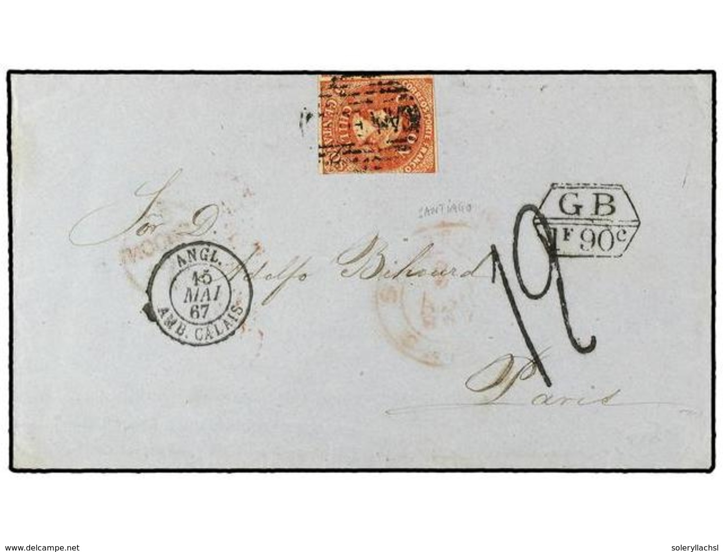 656 CHILE. 1867. SANTIAGO A FRANCIA.<B> 5 Ctvos.</B> Rojo Circulada Via Inglaterra, Marca De Intercambio <B>GB/1 F 90 C. - Sonstige & Ohne Zuordnung