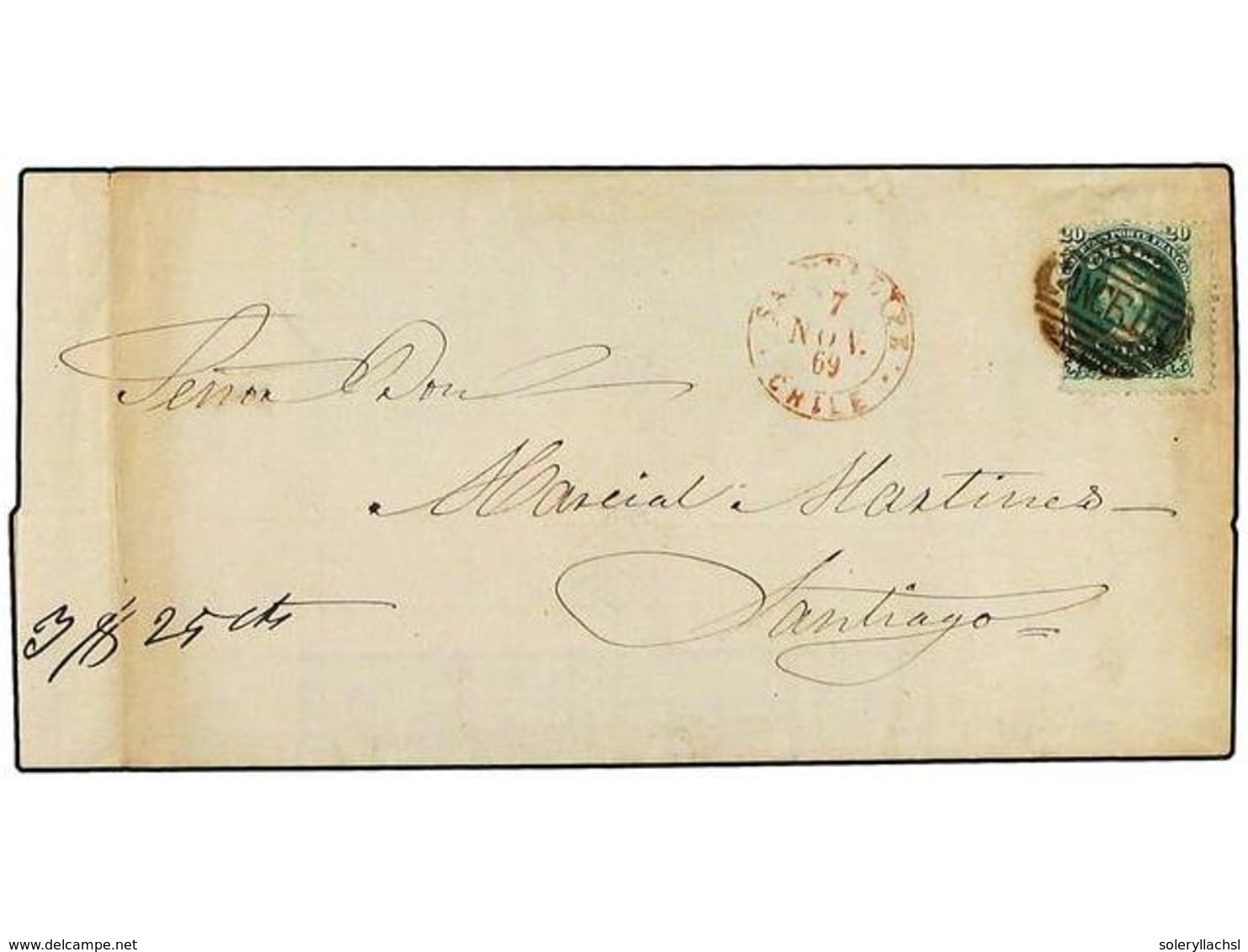 659 CHILE. 1869. S. FELIPE A SANTIAGO. <B>20 Ctvos.</B> Verde, Correspondientes A Tres Portes Por La Via Terrestre. - Sonstige & Ohne Zuordnung