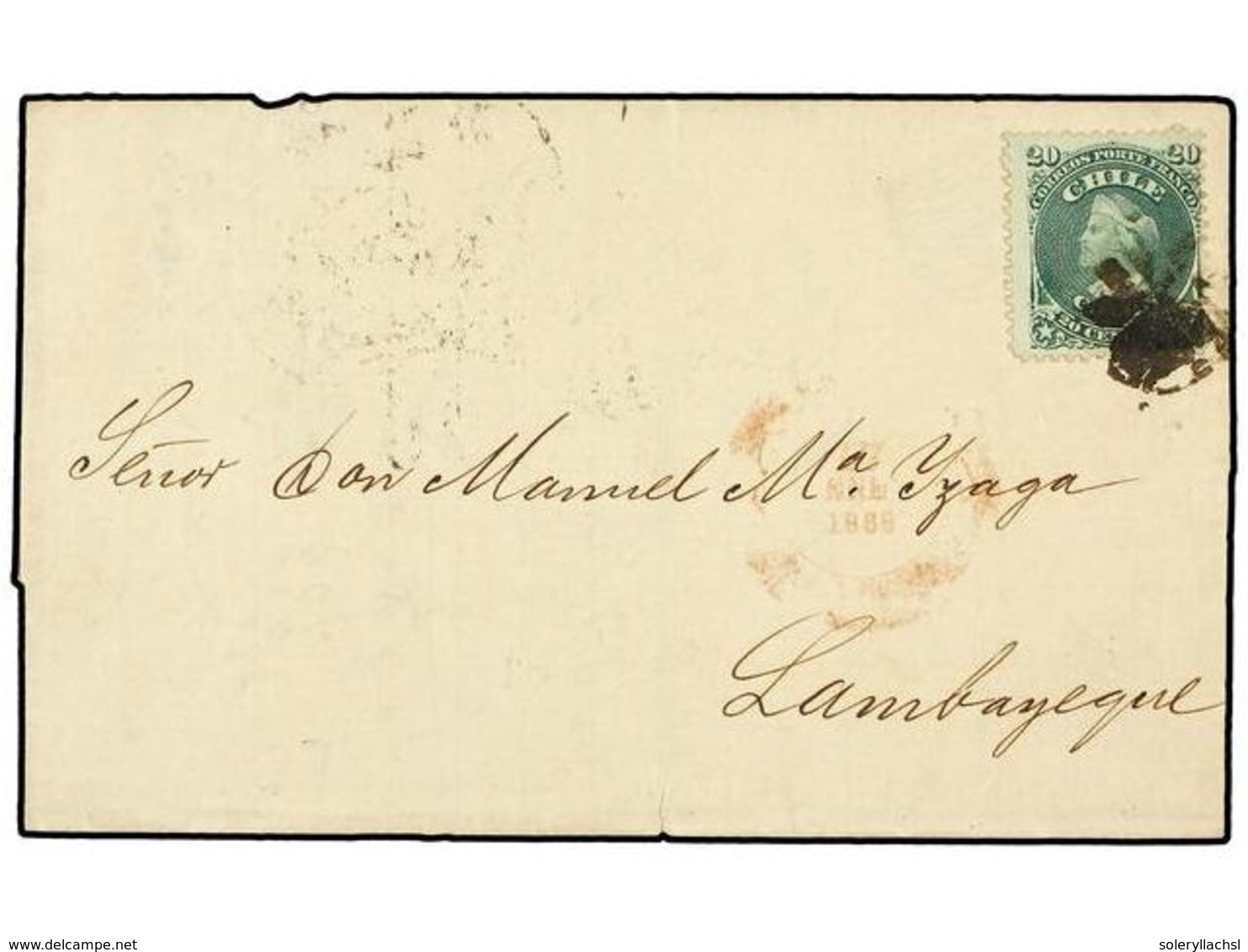 661 CHILE. Sc.19. 1869. VALPARAISO A LAMBAYEQUE (Perú). <B>20 Ctvos.</B> Verde, Doble Porte A Perú. - Sonstige & Ohne Zuordnung