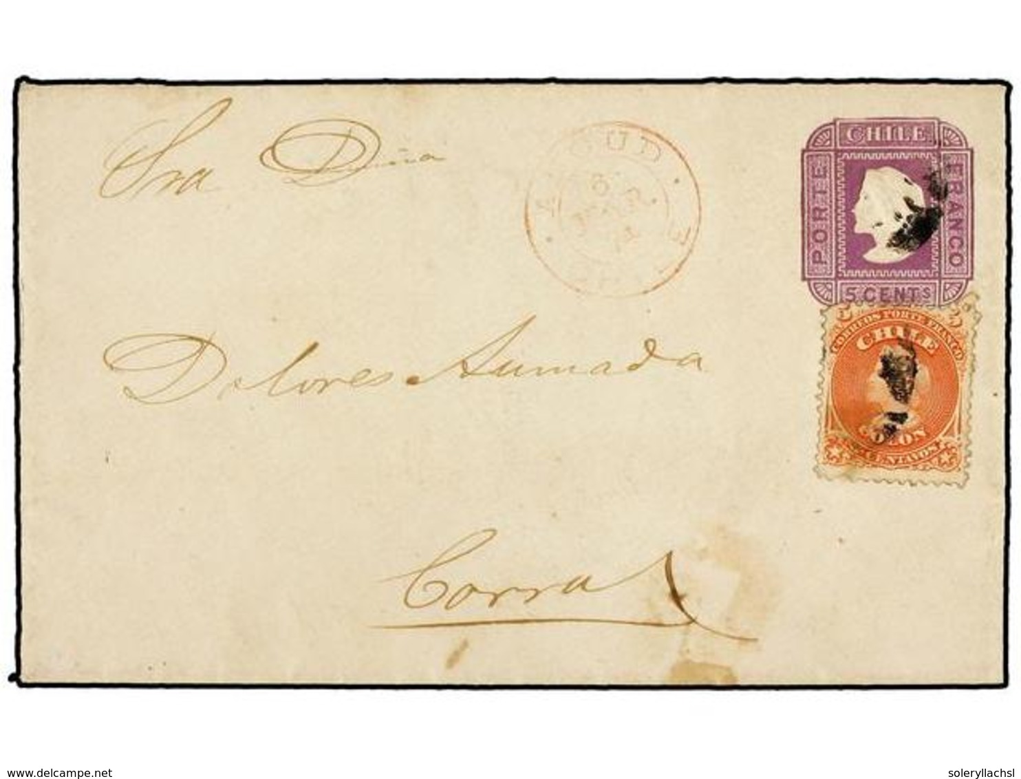 667 CHILE. 1874. ARNOUD A CORRAL. Entero Postal De <B>5 Cts.</B> Lila Con Franqueo Adicional De <B>5 Cts.</B> Rojo. - Sonstige & Ohne Zuordnung