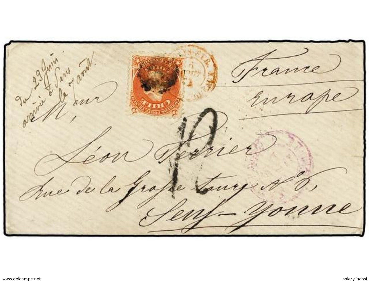 668 CHILE. Sc.17. 1874. SANTIAGO A FRANCIA.<B> 5 Cts.</B> Rojo Pagando El Porte Interno, A La Llegada Tasada Con '12' Dé - Other & Unclassified