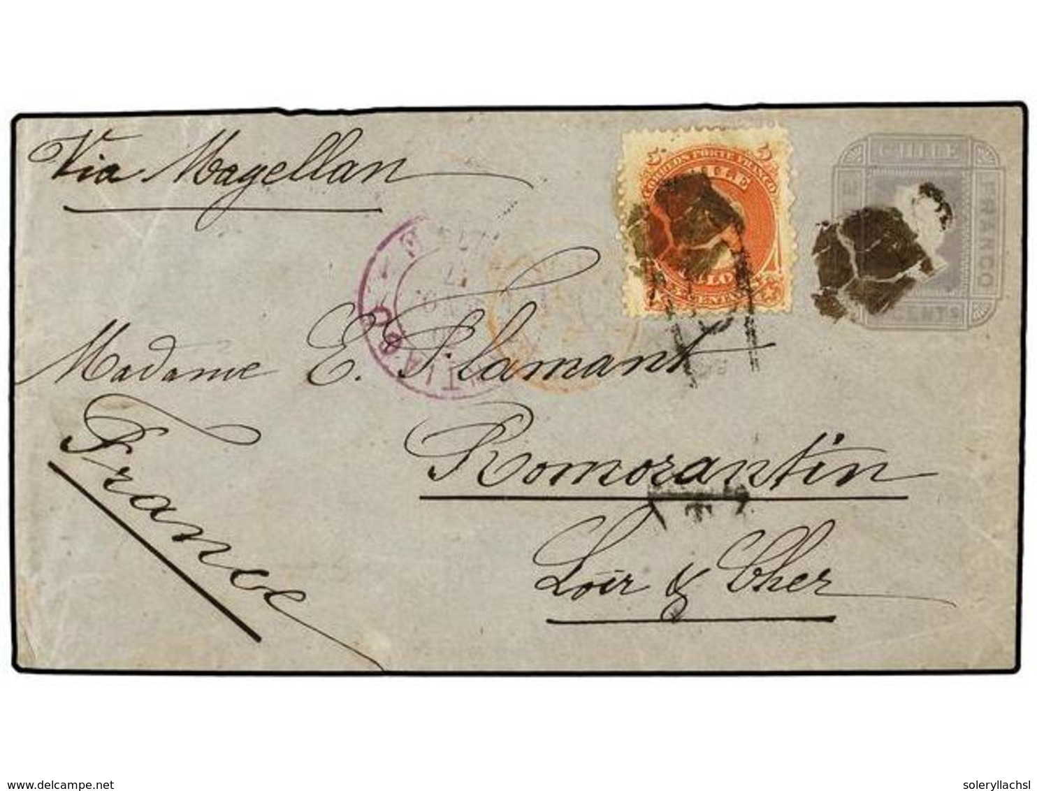 671 CHILE. Sc.17. 1877. SANTIAGO A FRANCIA. Sobre De <B>5 Ctvos.</B> Gris Con Franqueo Adicional De <B>5 Cts.</B> Rojo P - Sonstige & Ohne Zuordnung