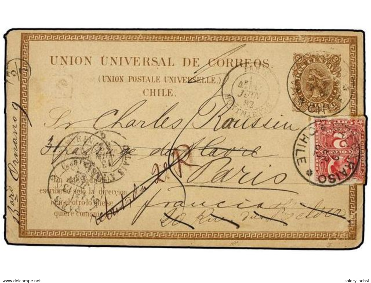 675 CHILE. Sc.26. 1882. VALPARAISO A PARÍS. Entero Postal De <B>2 Ctvos.</B> Castaño Con Franqueo Adicional De <B>2 Cts. - Sonstige & Ohne Zuordnung