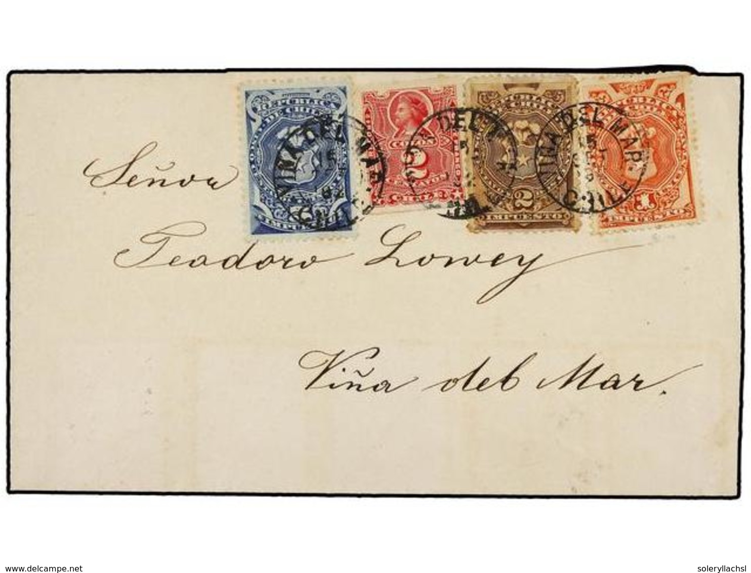 677 CHILE. 1882. <B>VIÑA DEL MAR</B>. Carta Circulada Con Sello De <B>2 Ctvos.</B> Rojo Y Sellos <B>FISCALES De 1, 2, Y  - Other & Unclassified