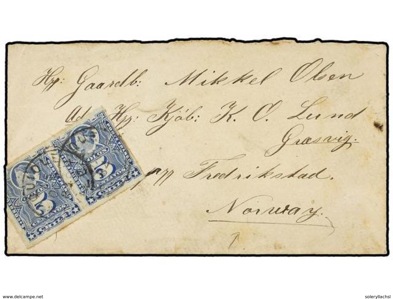 678 CHILE. Sc.28 (2). 1884. IQUIQUE A NORUEGA. <B>5 Cts.</B> Azul (2) (sellos A Caballo Entre Anverso Y Reverso). Rara D - Other & Unclassified