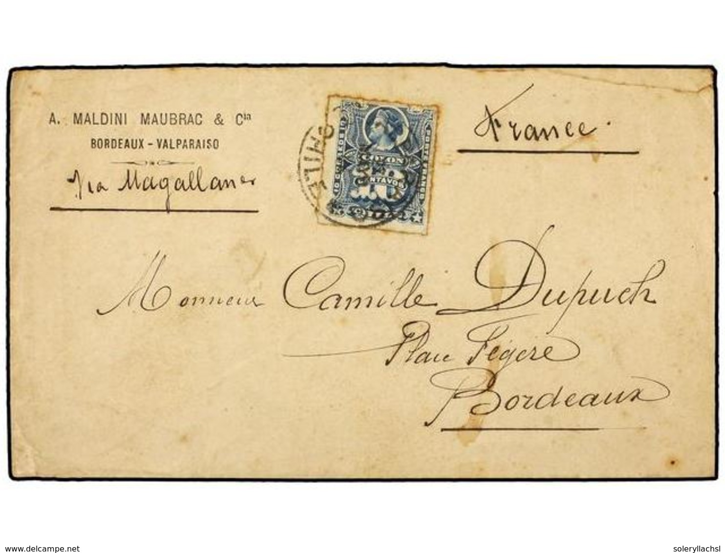 679 CHILE. Sc.23. 1884. VALPARAISO A FRANCIA. <B>10 Ctvos.</B> Azul Circulada Vía Magallanes, Al Dorso Llegada. - Sonstige & Ohne Zuordnung