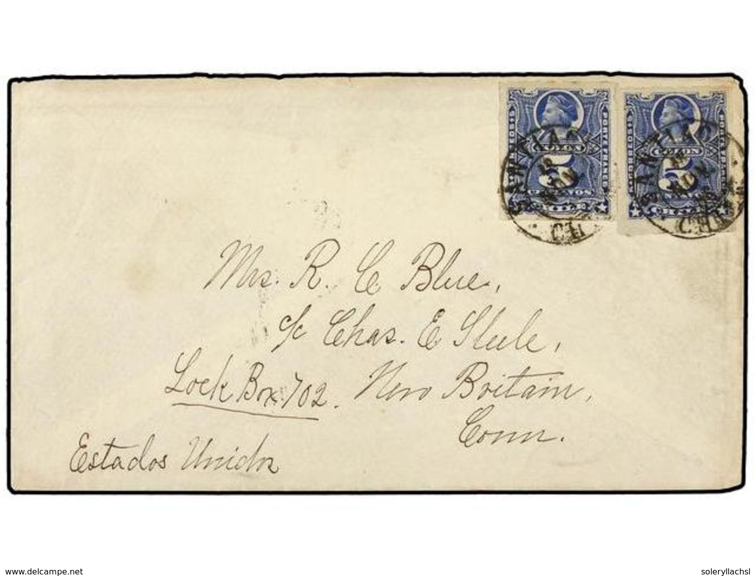 682 CHILE. Sc.28 (2). 1886. SANTIAGO A U.S.A. <B>5 Ctvos.</B> Azul (2) Al Dorso Llegada. - Sonstige & Ohne Zuordnung