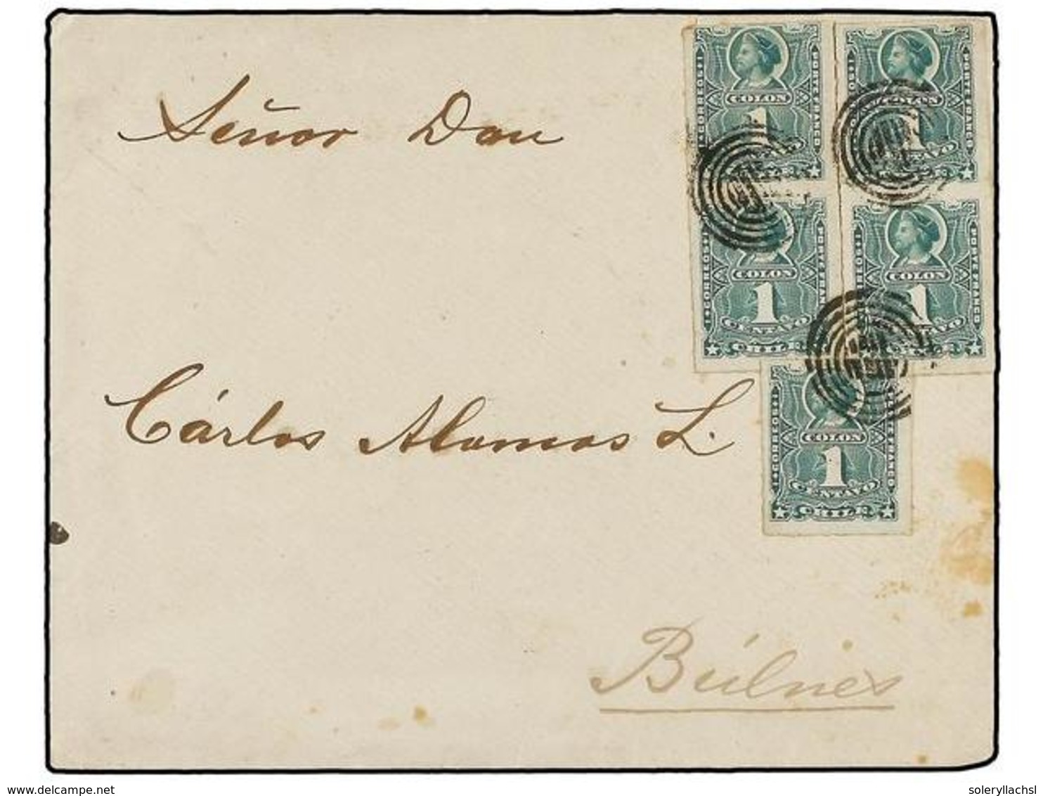 687 CHILE. Sc.25 (5). 1888. Sobre Circulado A BULNES Franqueado Con 5 Sellos De <B>1 Ctvo.</B> Verde (un Bloque De Cuatr - Sonstige & Ohne Zuordnung