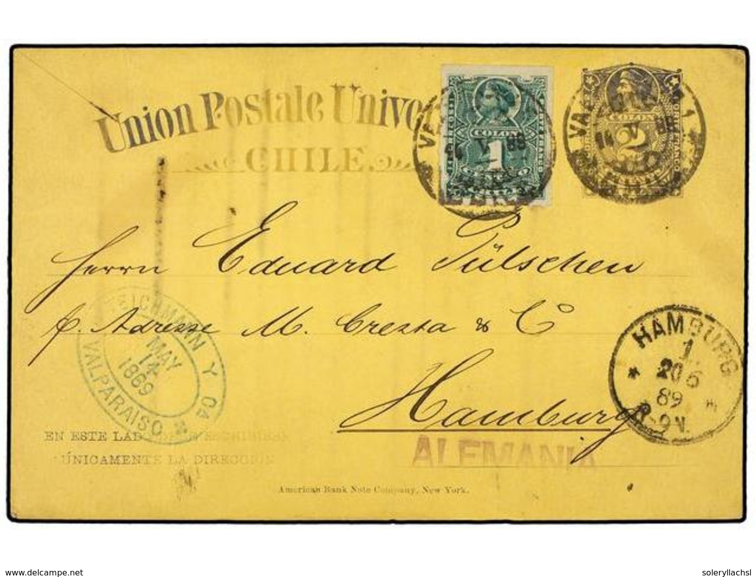 691 CHILE. Sc.25. 1889. VALPARAISO A ALEMANIA. Entero Postal De <B>2 Ctvos.</B> Gris Con Franqueo Adicional De <B>1 Ctvo - Other & Unclassified