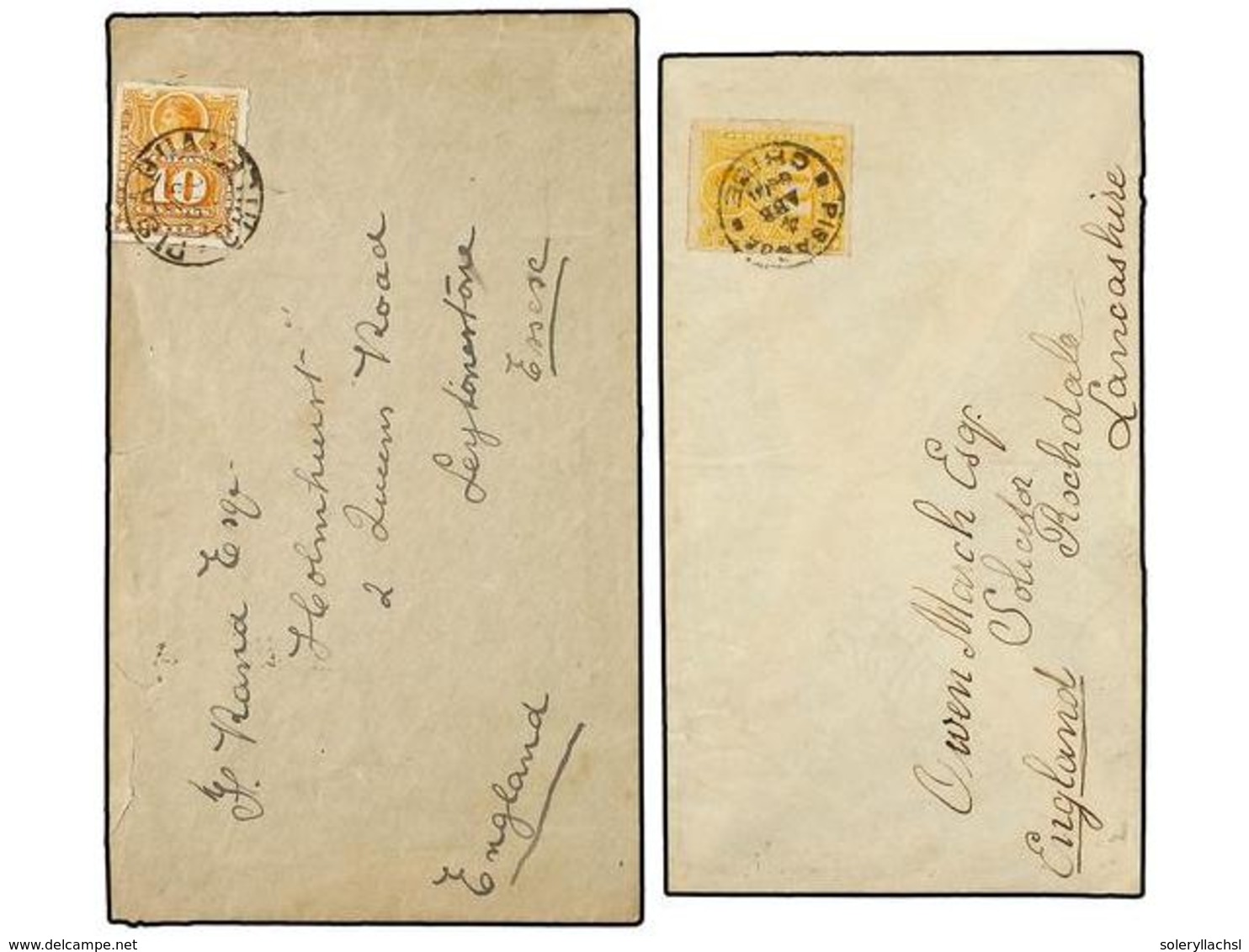 693 CHILE. Sc.29 Y 29a. 1889-99. Dos Cartas Circuladas De PISAGUA A INGLATERRA Con Sellos De <B>10 Ctvos.</B> Amarillo Y - Sonstige & Ohne Zuordnung