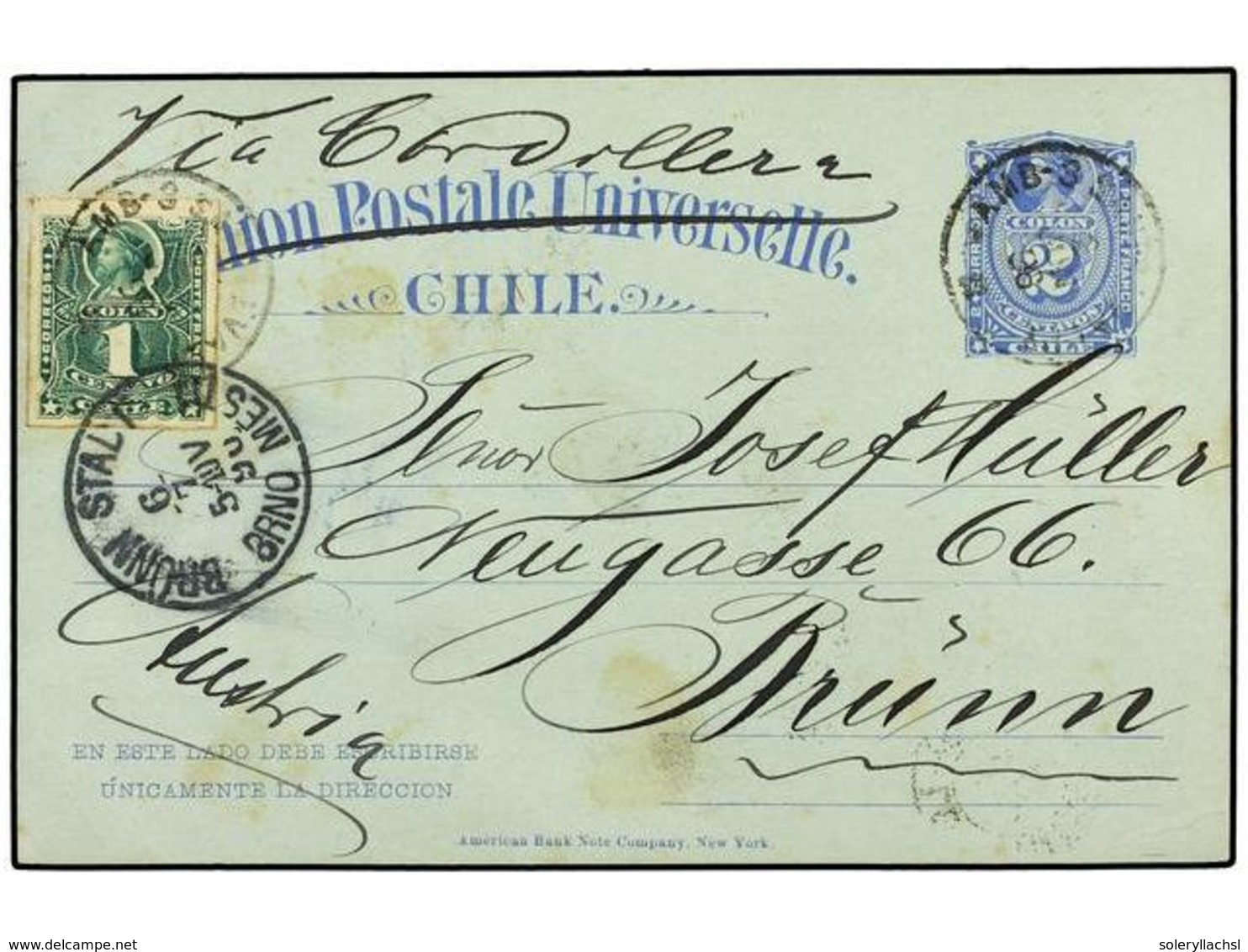 696 CHILE. 1890. SANTIAGO A AUSTRIA. Entero Postal De <B>2 Ctvos.</B> Azul Con Franqueo Adicional De <B>1 Cto.</B> Verde - Autres & Non Classés