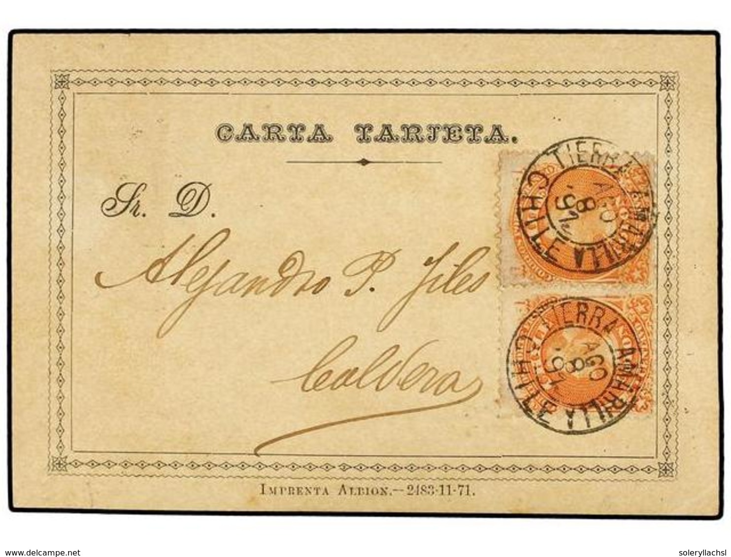 705 CHILE. Sc.15. 1892. TIERRA AMARILLA A CALDERA. CARTA-TARJETA Circulada Con Sellos De <B>1 Ctvo.</B> Naranja, Mat.<B> - Sonstige & Ohne Zuordnung