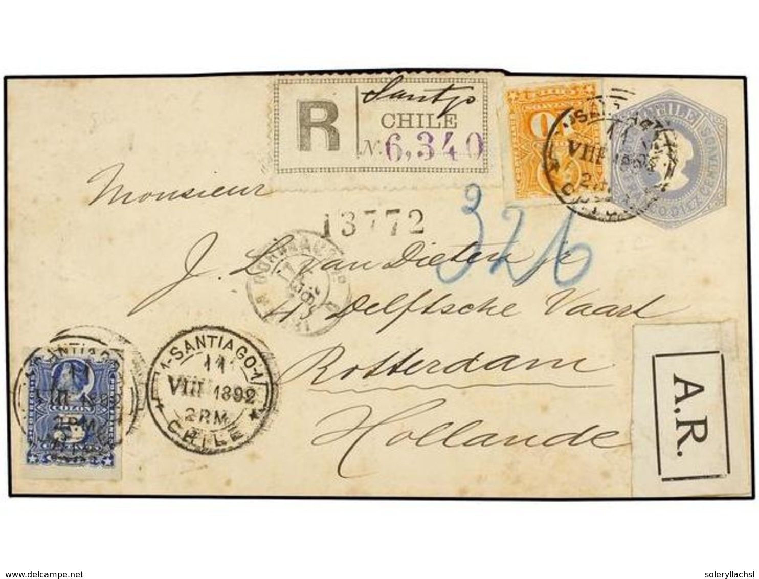 706 CHILE. Sc.28, 29. 1892. SANTIAGO A HOLANDA. Entero Postal De <B>10 Cts.</B> Gris Con Franqueo Adicional De <B>5 Cts. - Sonstige & Ohne Zuordnung