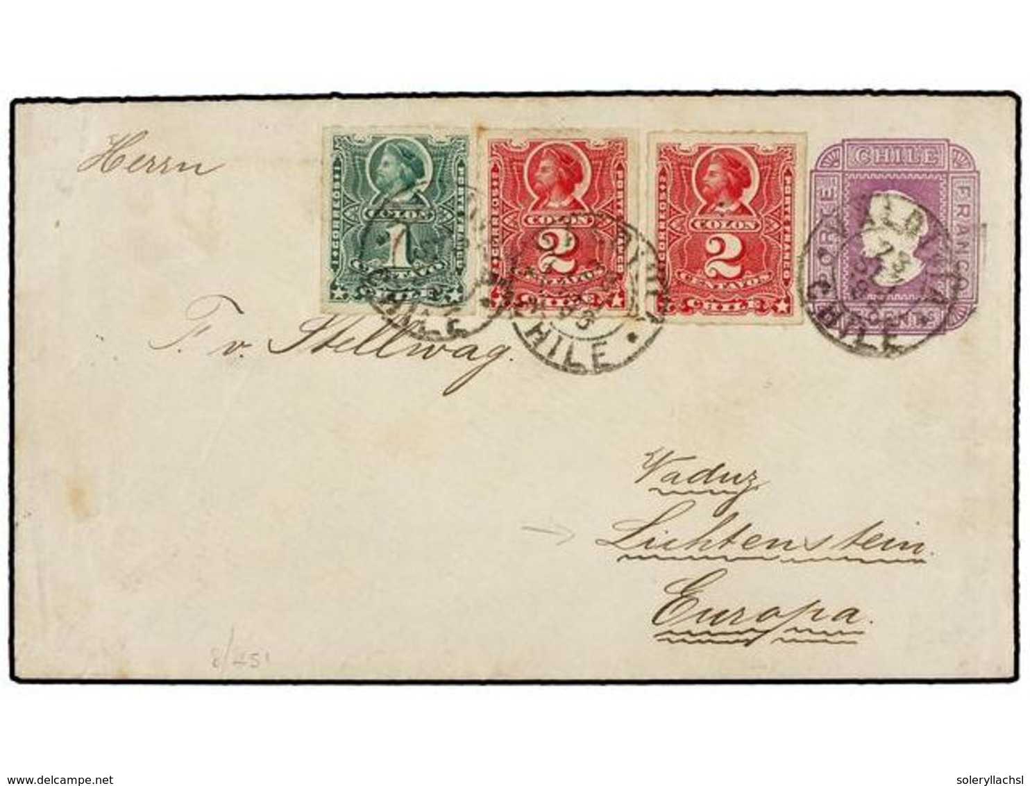 712 CHILE. 1893. VALDIVIA A VADUZ (Liechtenstein). Sobre De <B>5 Cts.</B> Violeta Con Franqueo Adicional De <B>1 Ctvo.</ - Sonstige & Ohne Zuordnung